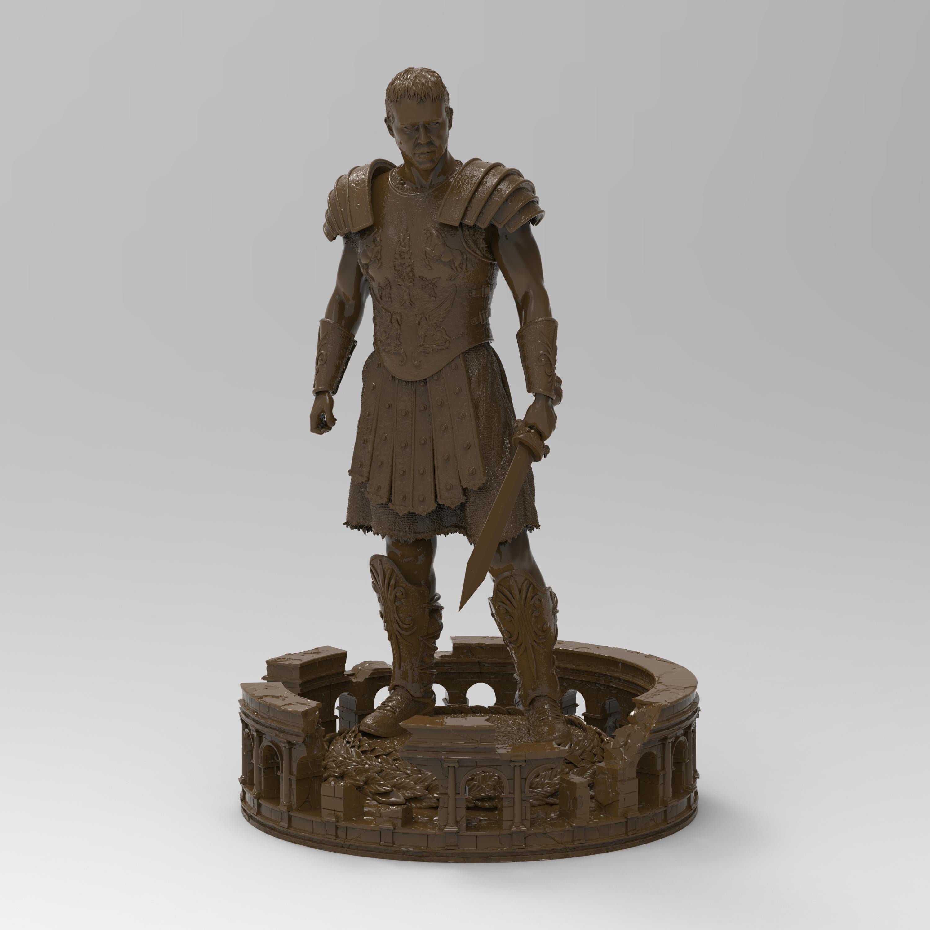 Statuette of The Gladiator, depicted in detailed armor with a sword in hand, standing confidently on a base featuring an intricate colosseum design and laurel accents.