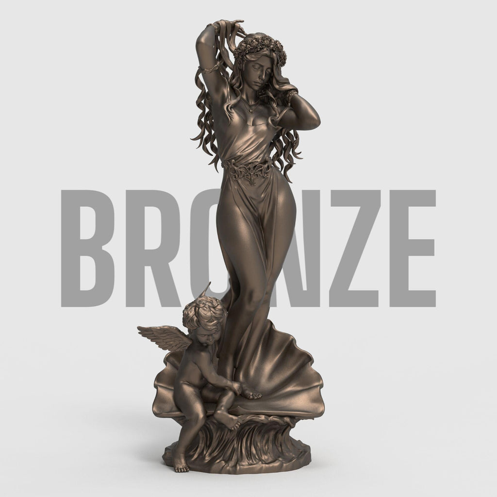 Aphrodite Robe Edition captures the goddess of love in an elegant pose, rising from a seashell as a cherub reaches toward her. This 3D-printed sculpture is a tribute to beauty and myth, featuring flowing hair, a delicate robe, and intricate detail that brings classical charm into any space.