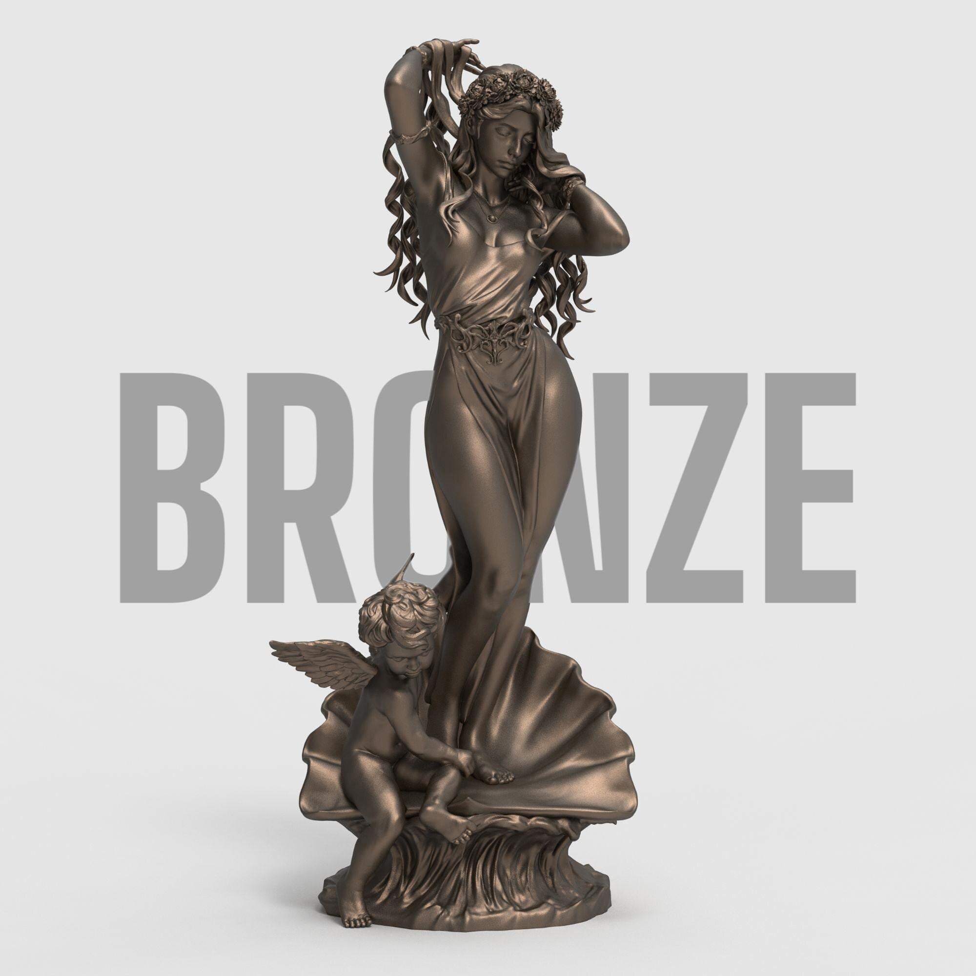 Aphrodite Robe Edition captures the goddess of love in an elegant pose, rising from a seashell as a cherub reaches toward her. This 3D-printed sculpture is a tribute to beauty and myth, featuring flowing hair, a delicate robe, and intricate detail that brings classical charm into any space.