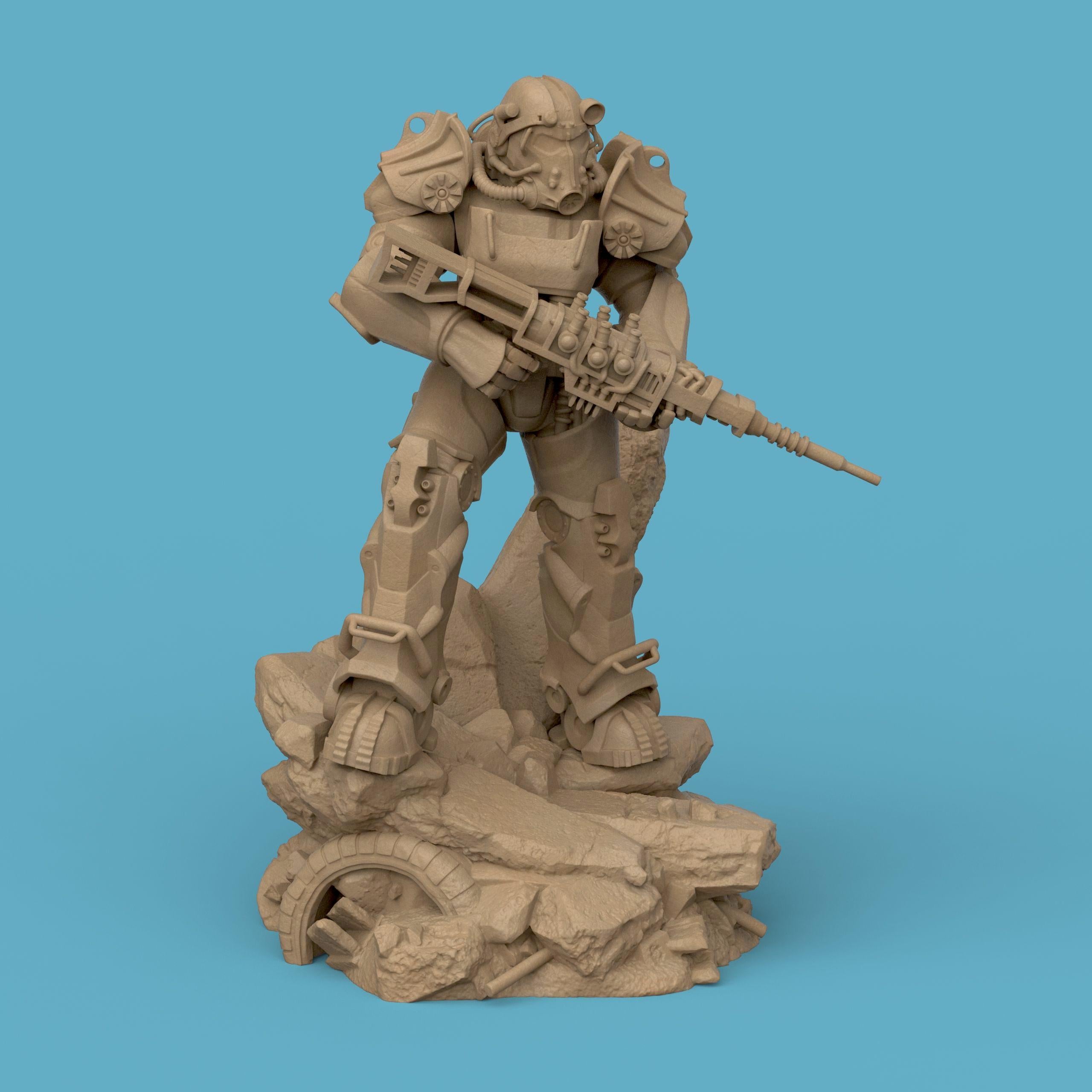 3D-printed T-60 Power Armor figurine featuring a heavily armored soldier standing on a rocky base. The detailed design showcases metallic plating, mechanical joints, and a futuristic energy weapon — a perfect collectible for sci-fi fans and post-apocalyptic enthusiasts.