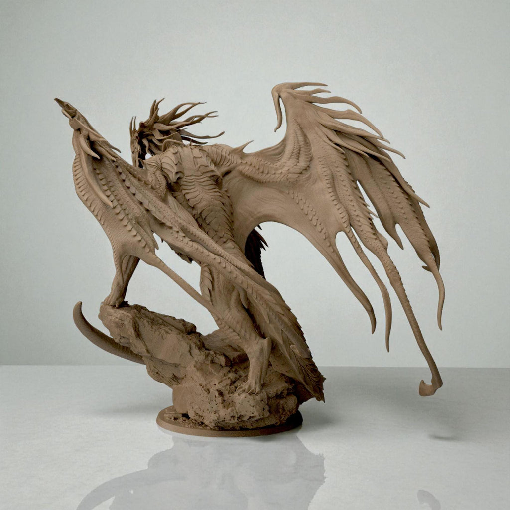 3D-printed Dragon Bahamut figurine featuring an awe-inspiring mythical dragon perched on a rocky base. The sculpture showcases flowing wing membranes, sharp scales, and a dynamic pose that radiates strength and majesty — a centerpiece piece for fantasy collectors and dragon enthusiasts alike.