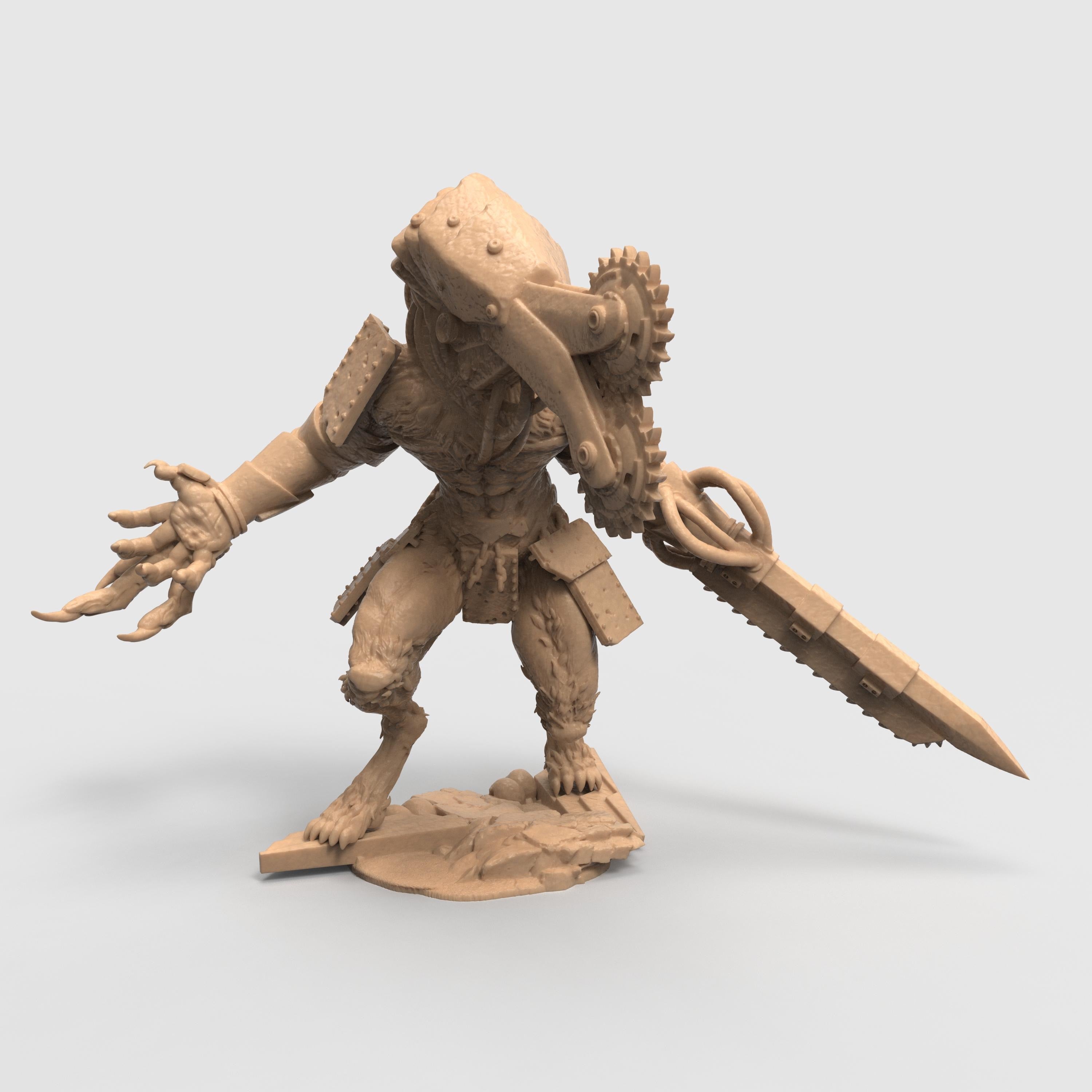 Three views of the Sampaloc War Wolf miniature, a muscular werewolf-like creature with mechanical enhancements. The beast features a large headpiece fitted with twin circular saw blades and wears spiked armor plates on its shoulders. One arm ends in a menacing clawed hand, while the other is equipped with a chainsaw-like weapon. The figure stands on a textured base resembling broken terrain, emphasizing its aggressive and battle-ready posture.