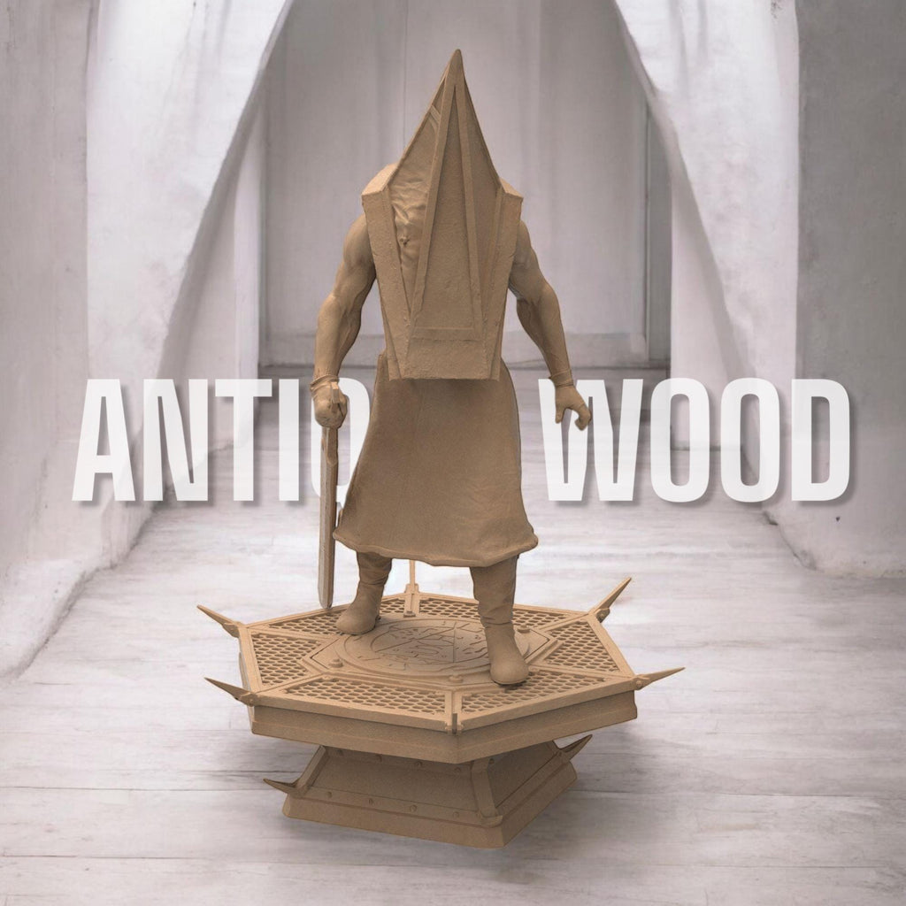 A menacing figure stands on a spiked platform, clad in a long, tattered robe with a massive pyramid-shaped helmet. He grips a large, rusted blade, exuding an aura of terror. Shadows stretch behind him, amplifying his ominous presence.