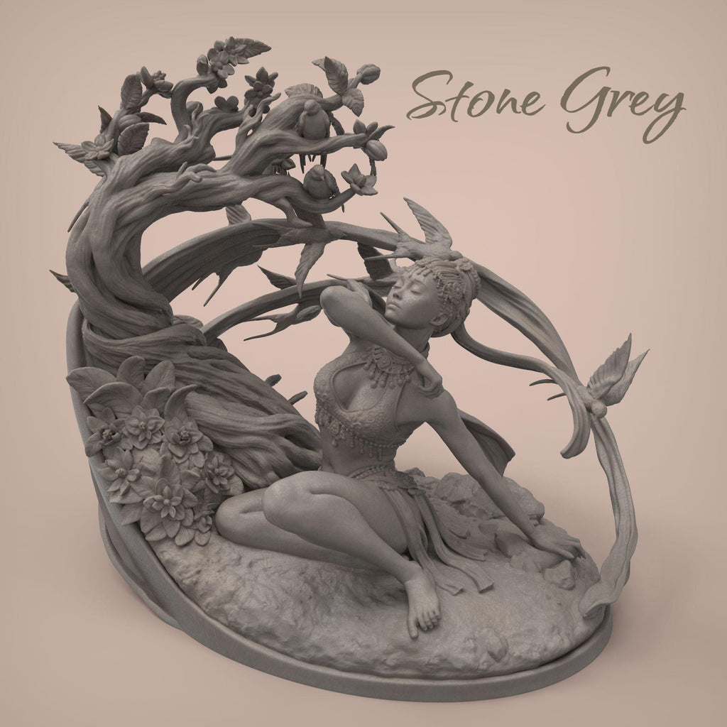 Spring’s Awakening captures a serene goddess embraced by nature as she greets the morning breeze. With flowers blooming around her and birds in flight, this sculpture evokes renewal and harmony. Ideal for fantasy lovers and collectors.