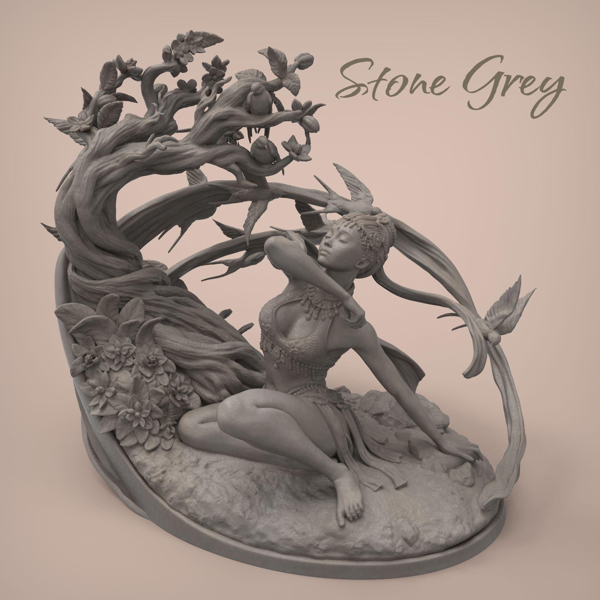 Spring’s Awakening captures a serene goddess embraced by nature as she greets the morning breeze. With flowers blooming around her and birds in flight, this sculpture evokes renewal and harmony. Ideal for fantasy lovers and collectors.