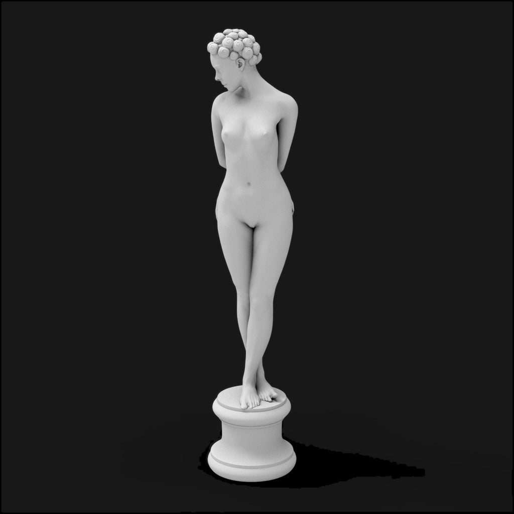 Elegant minimalist sculpture of a nude woman with vintage hair rollers, posed shyly on a round pedestal. “The Woman X” combines classical grace and modern rebellion in one striking collectible.