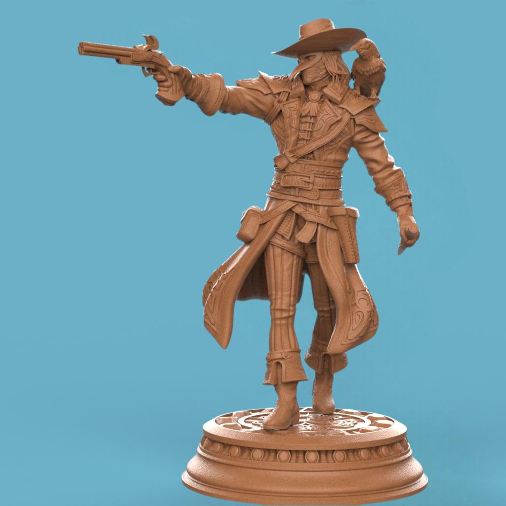 3D-printed miniature of a Vampire Hunter Gunslinger posed in a dynamic stance. The figure wears a wide-brimmed hat and long flowing coat detailed with ornate patterns. One arm extends forward aiming a revolver, while the other holds a weapon at the side. The base is circular with intricate carvings, enhancing the gothic and adventurous style of the character.