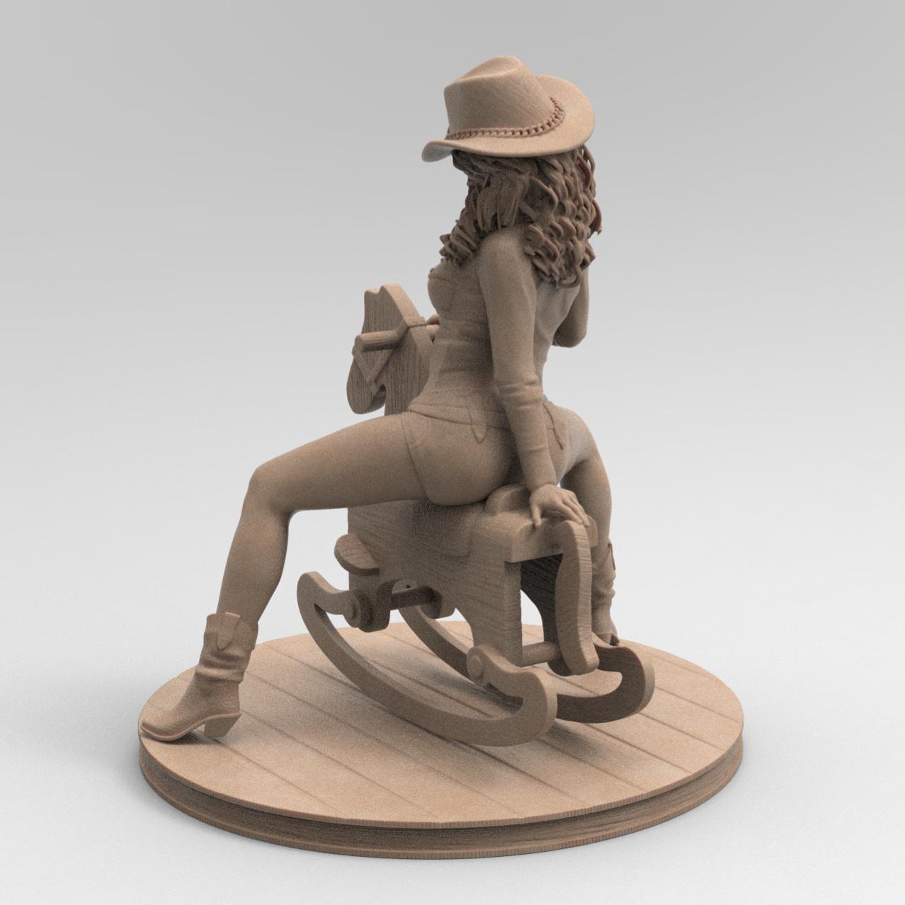 Antique wood-colored statue of a cowgirl wearing a hat and boots, riding a detailed rocking horse, posed on a circular wooden base with a rustic finish.