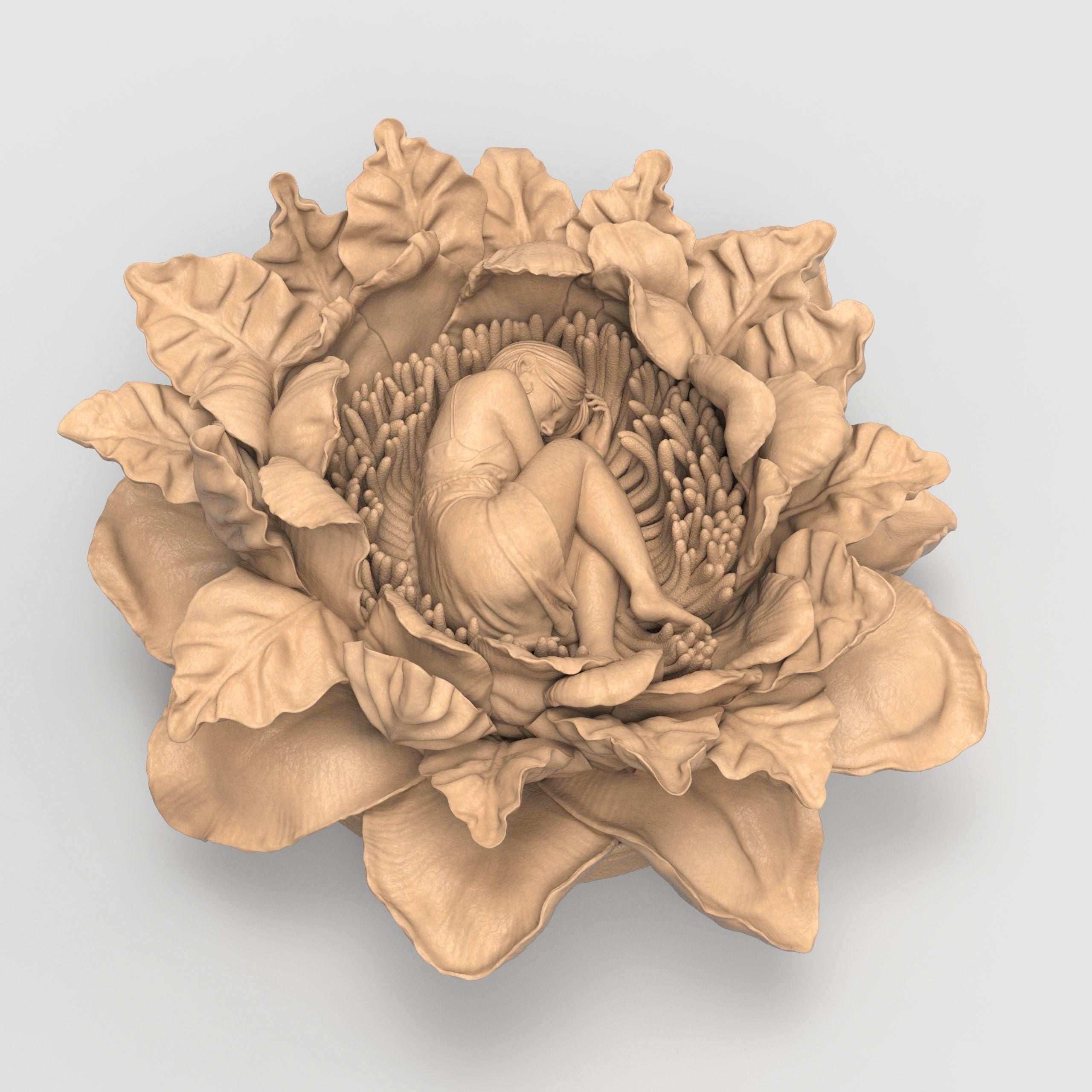 Intricate 3D-printed sculpture of a young woman peacefully curled up and sleeping within the center of a large blooming flower. The figure is detailed with delicate petals and lifelike textures, available in both unpainted and hand-painted versions. The painted model features deep red petals and a pale yellow dress, creating a dreamy, fairytale-like appearance.