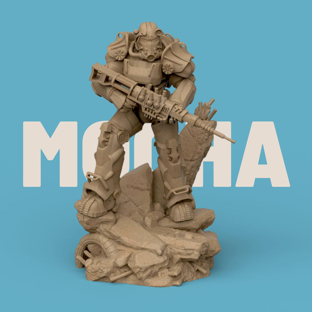 3D-printed T-60 Power Armor figurine featuring a heavily armored soldier standing on a rocky base. The detailed design showcases metallic plating, mechanical joints, and a futuristic energy weapon — a perfect collectible for sci-fi fans and post-apocalyptic enthusiasts.