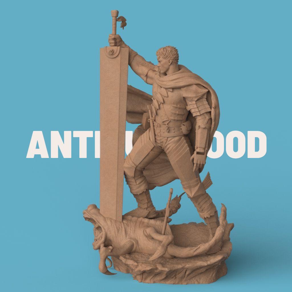 3D-printed Guts figurine featuring a fierce warrior clad in black armor, wielding an enormous sword raised high in victory. The sculpture captures a dramatic moment atop a defeated monster, with a tattered cloak flowing behind him, symbolizing power, resilience, and battle-worn determination.