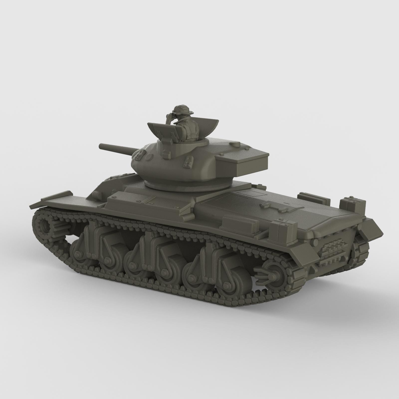 3D model of the Sentinel AC1 tank, featuring rounded turret with mounted gunner figure, smooth armored hull, and distinctive suspension with four large bogies per side, shown in metallic silver finish.