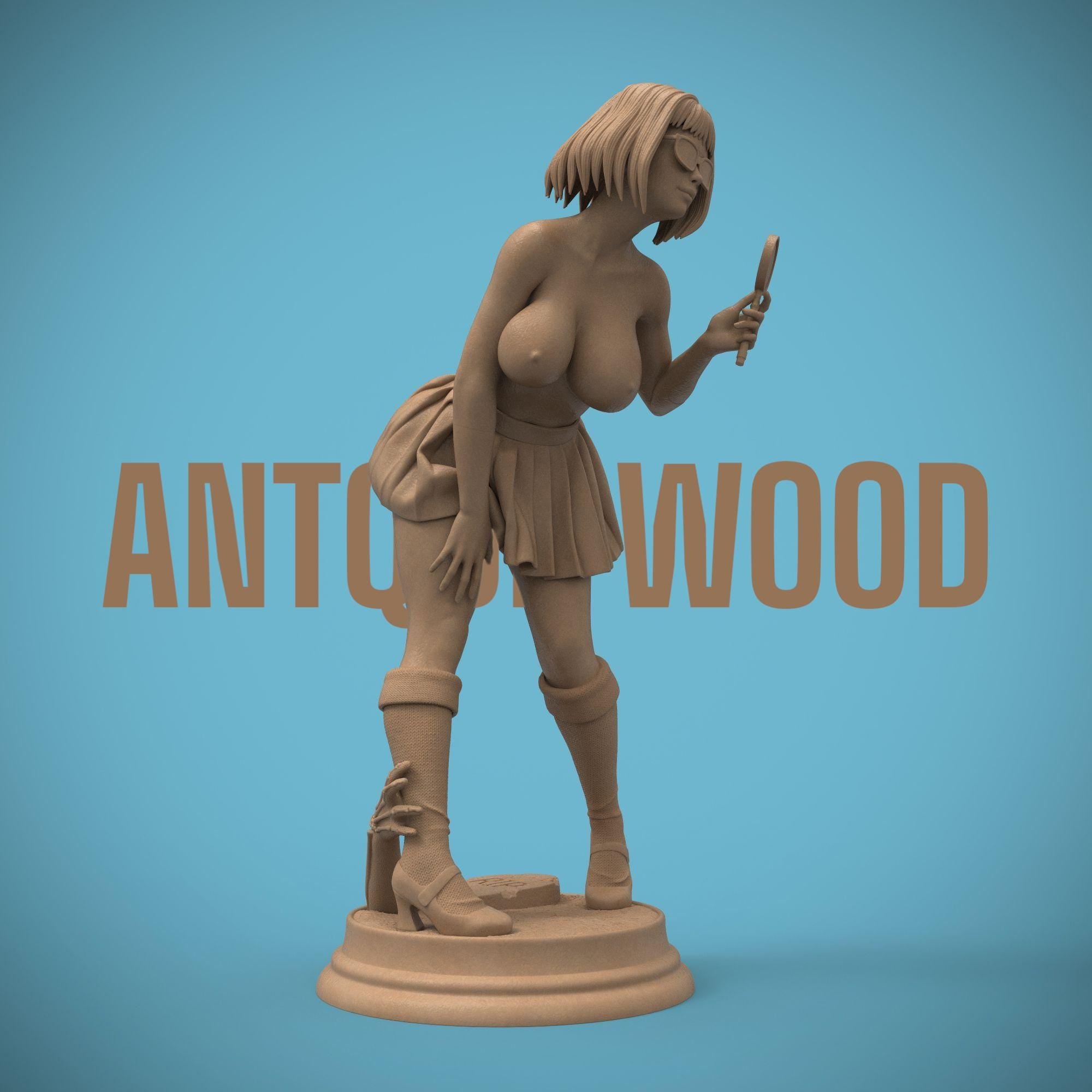 A cheeky twist on the classic mystery solver. This curvy Velma-inspired figurine captures her playful spirit with a magnifying glass in hand and a mischievous grin. A perfect blend of sass and smarts, sculpted in high detail for collectors.
