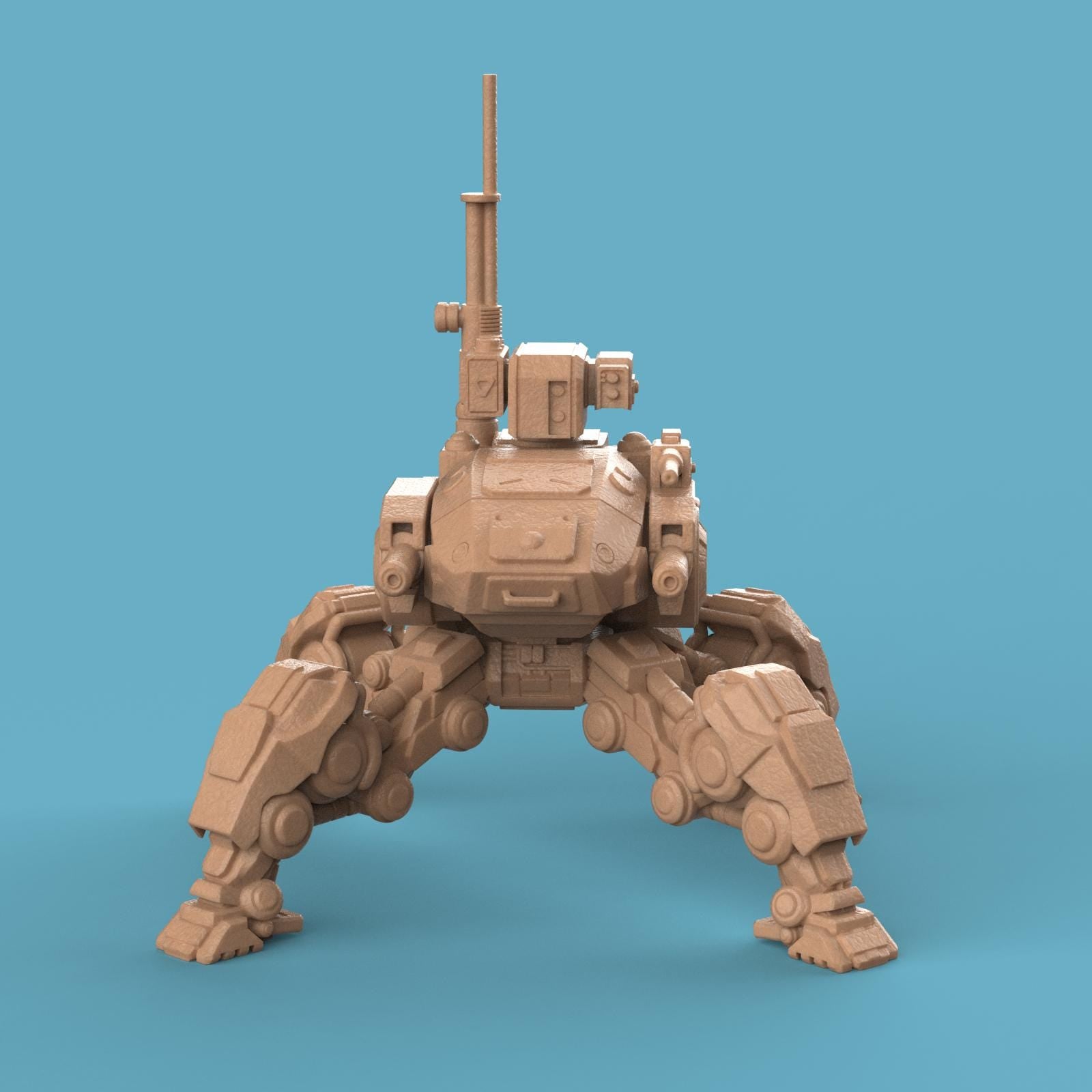 3D-printed Jabal Mech Assault Walker featuring four armored legs, heavy cannons, and radar unit. A detailed futuristic war machine miniature, perfect for tabletop gaming, collectors, and display.