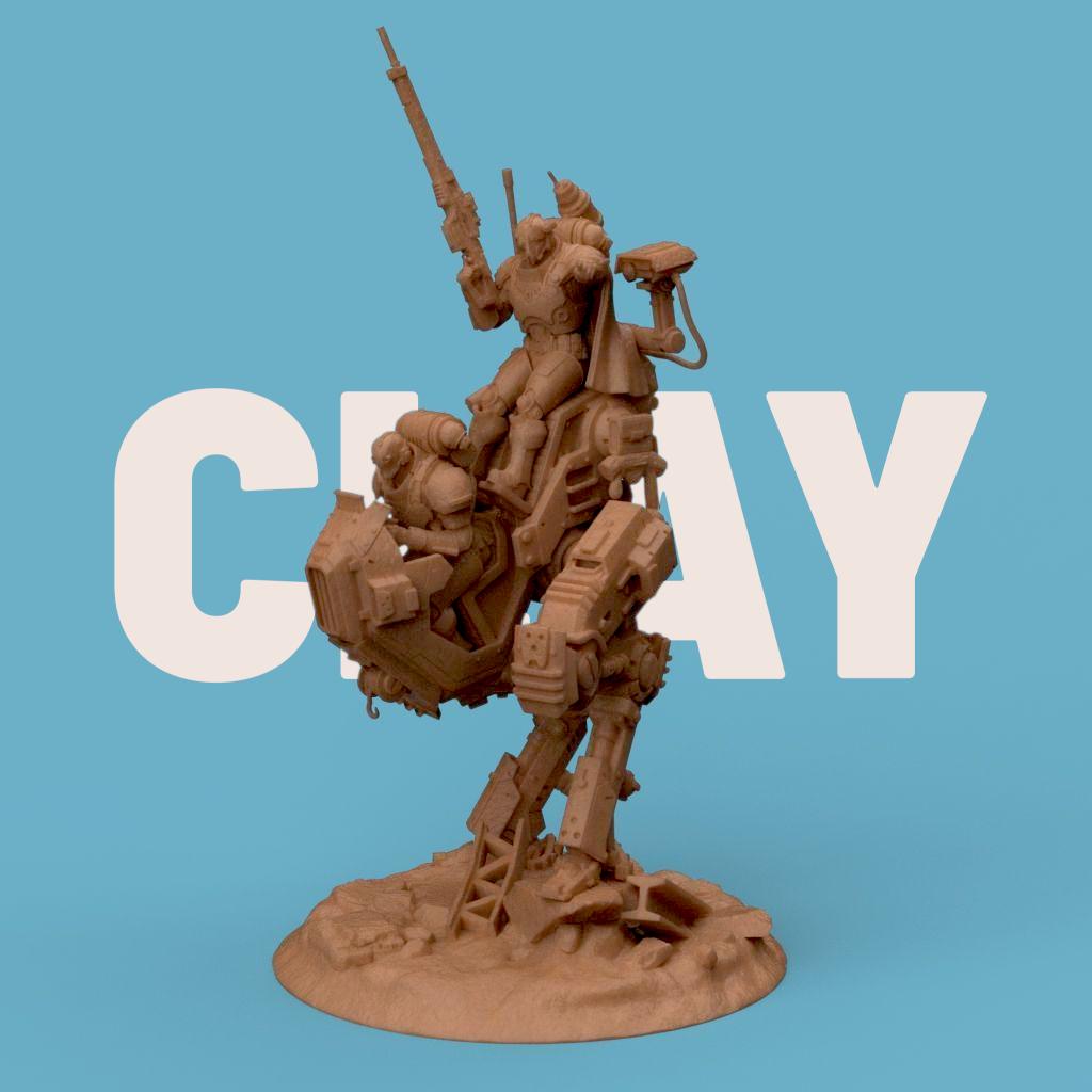 3D-printed model of the Vendetta Deathmark, featuring a futuristic mech walker piloted by armored soldiers. The detailed design includes mechanical limbs, weapon mounts, and a rugged battlefield base, perfect for sci-fi collectors and tabletop gaming enthusiasts.