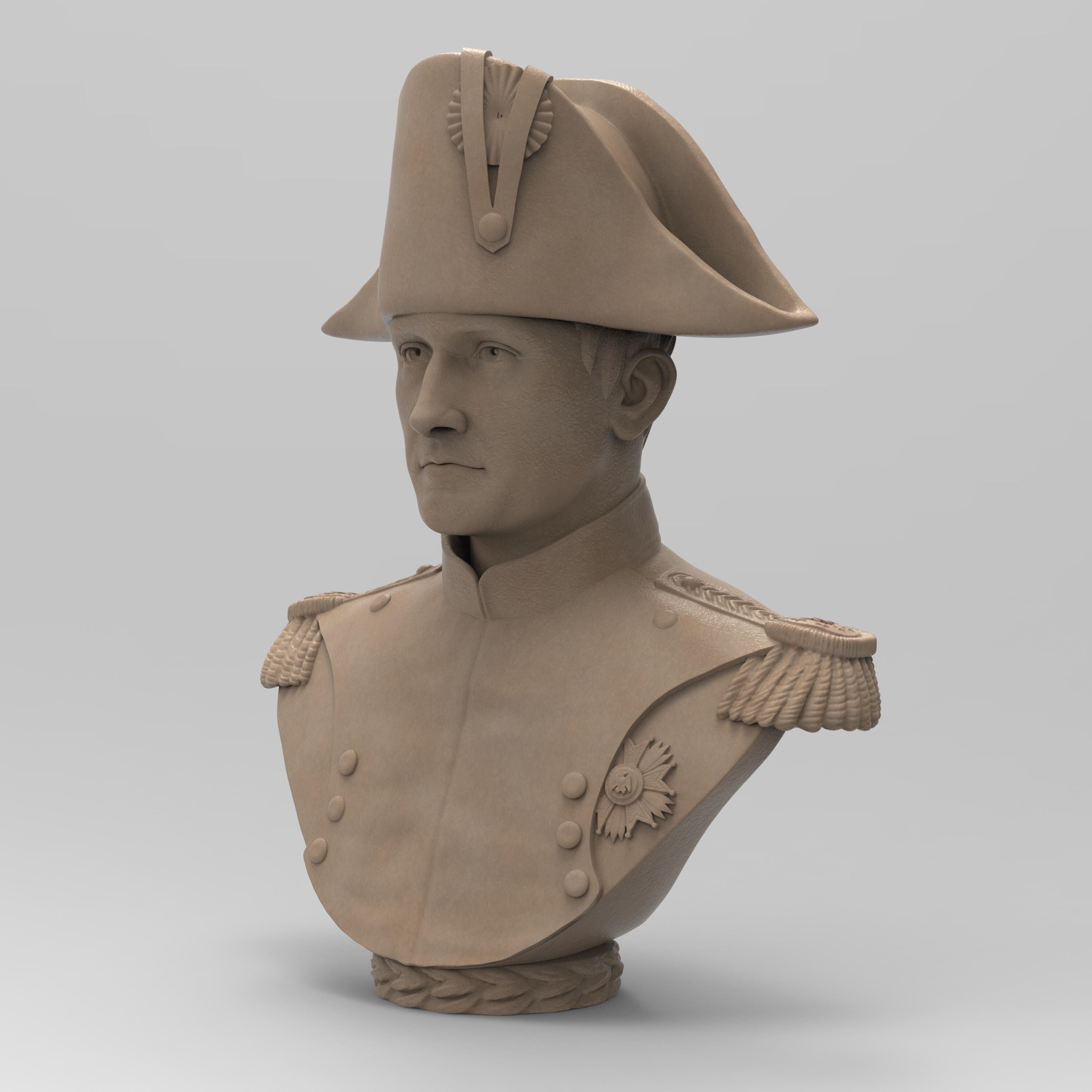 Bust of Napoleon Bonaparte wearing a bicorne hat and detailed military uniform, showcasing epaulets and a medal, set against a neutral background.