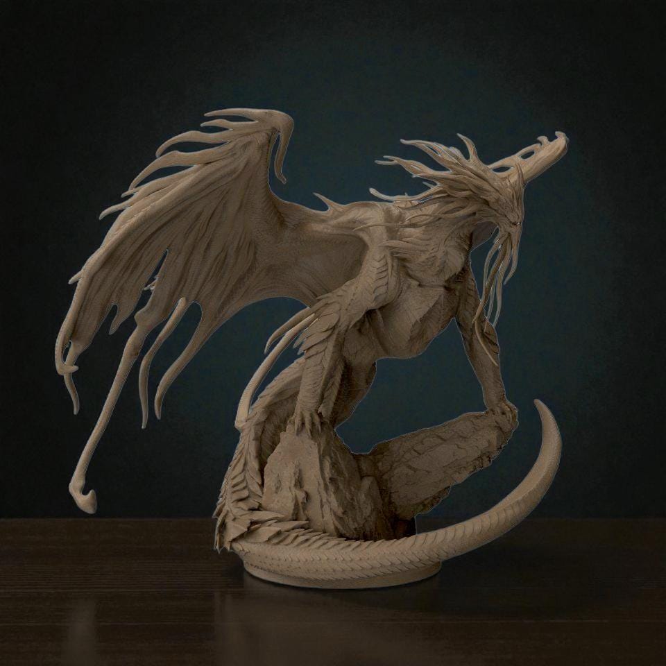 3D-printed Dragon Bahamut figurine featuring an awe-inspiring mythical dragon perched on a rocky base. The sculpture showcases flowing wing membranes, sharp scales, and a dynamic pose that radiates strength and majesty — a centerpiece piece for fantasy collectors and dragon enthusiasts alike.