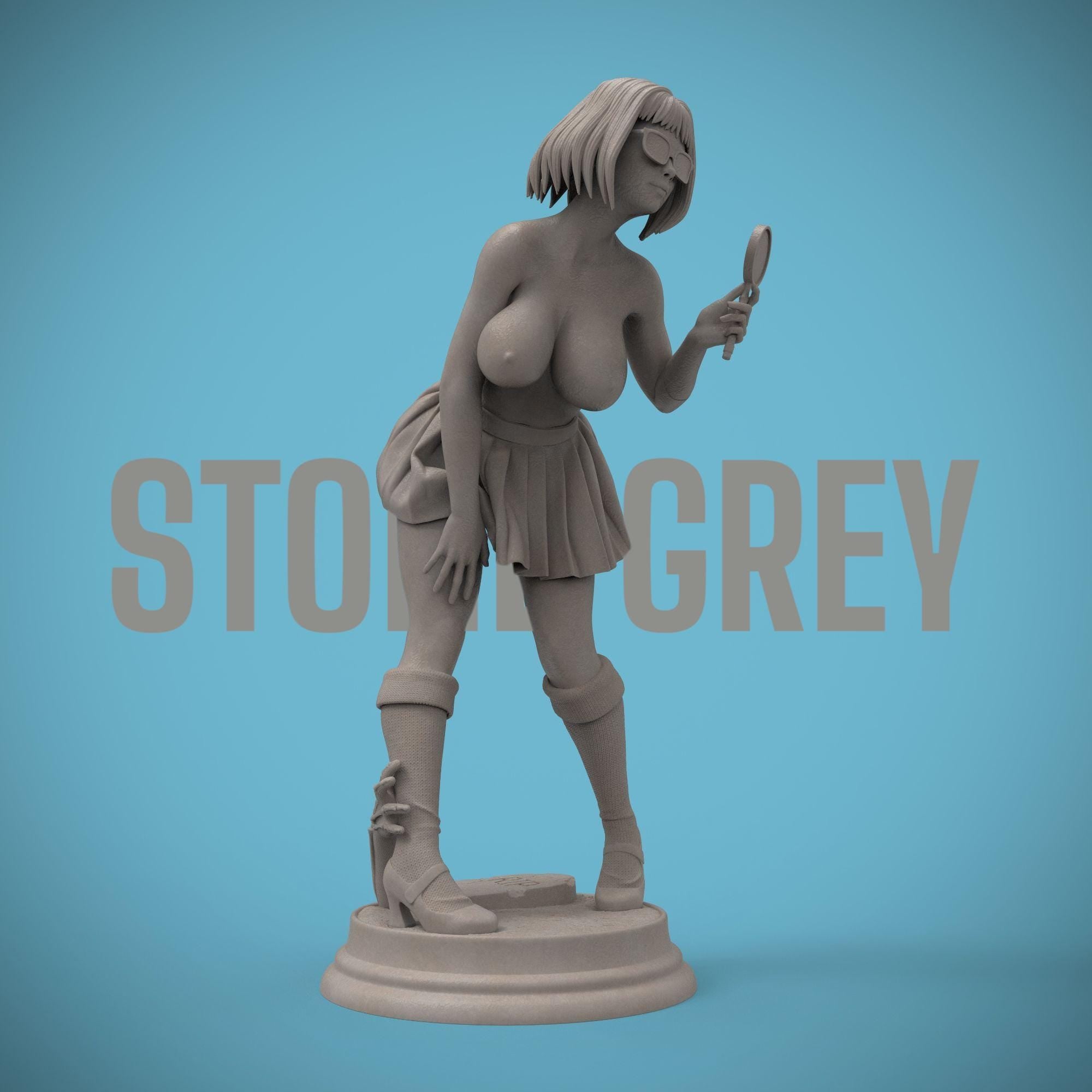 A cheeky twist on the classic mystery solver. This curvy Velma-inspired figurine captures her playful spirit with a magnifying glass in hand and a mischievous grin. A perfect blend of sass and smarts, sculpted in high detail for collectors.