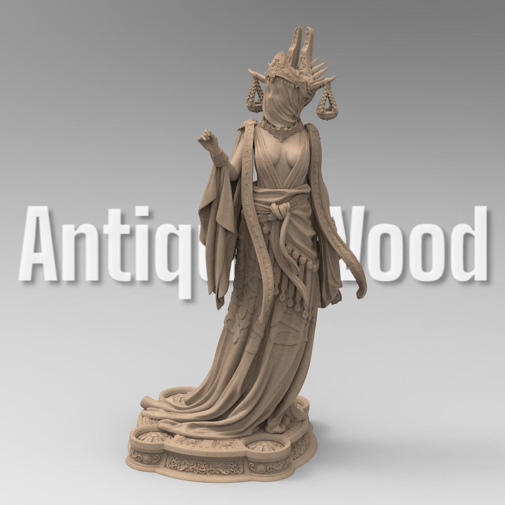 Highly detailed 3D-printed statue of Atropos the Moirai. Depicted in a flowing robe with intricate gold detailing, a veiled face, and an elaborate headdress featuring hanging scales. A stunning display of divine elegance and fate’s embodiment.