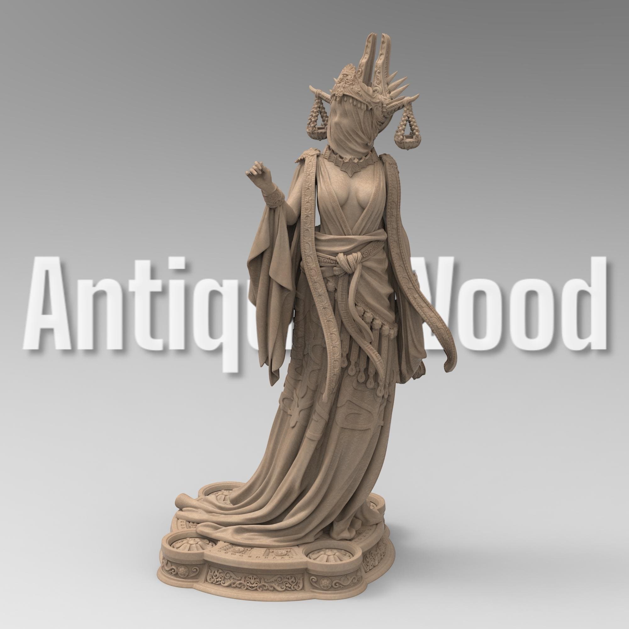 Highly detailed 3D-printed statue of Atropos the Moirai. Depicted in a flowing robe with intricate gold detailing, a veiled face, and an elaborate headdress featuring hanging scales. A stunning display of divine elegance and fate’s embodiment.