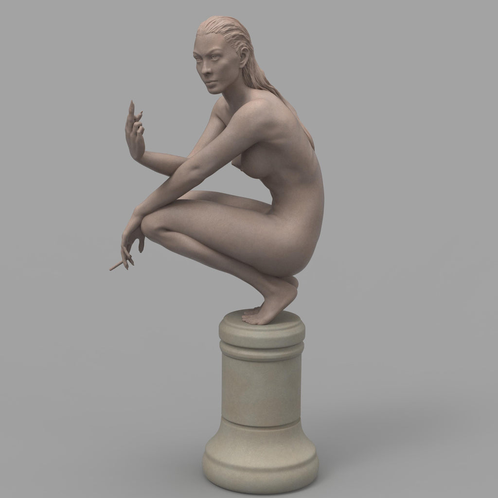 A nude woman squats on a chess piece pedestal, flipping her middle finger while holding a cigarette. Her defiant expression blends classical and modern art styles.