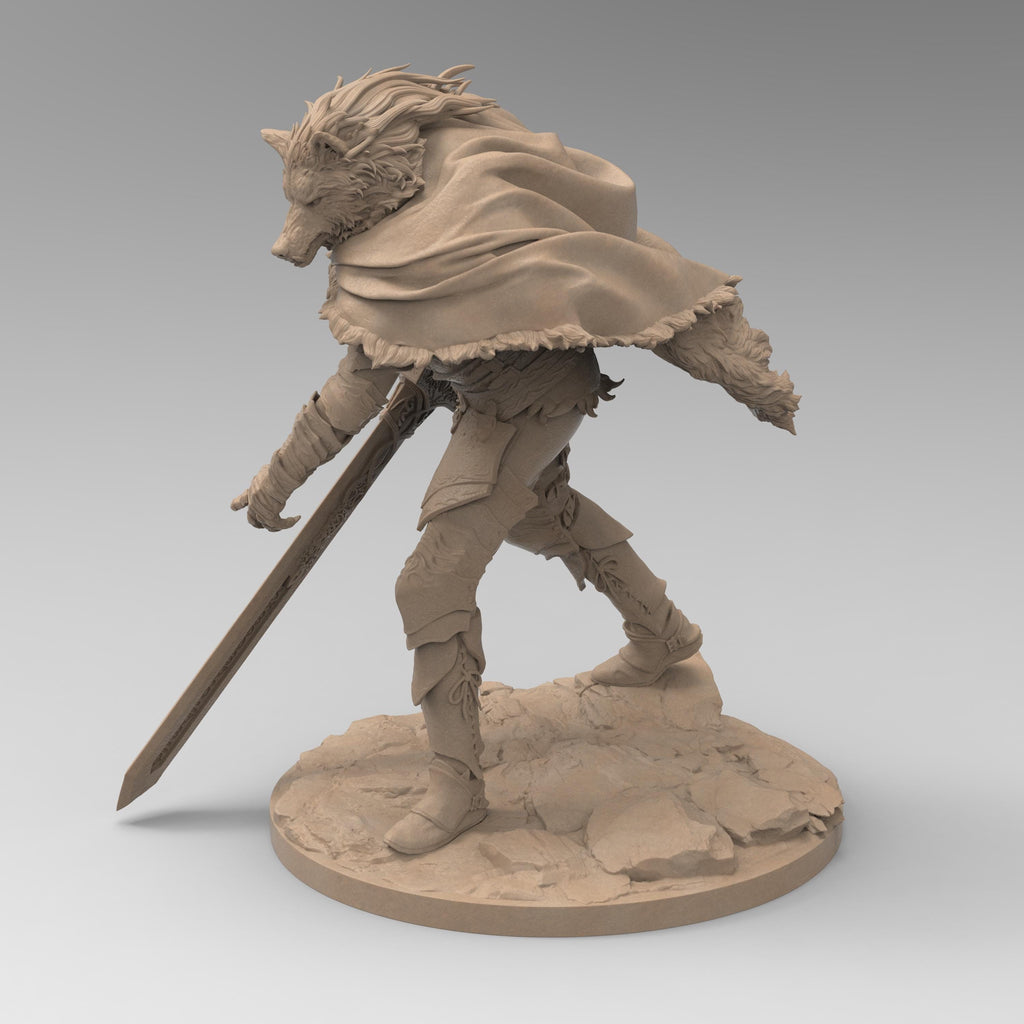 3D-printed figure of Blaidd from Elden Ring, capturing his wolf-like features and imposing armor. Standing tall with a fierce expression, this statue embodies the half-wolf warrior's noble and loyal nature, sword drawn and ready for battle.