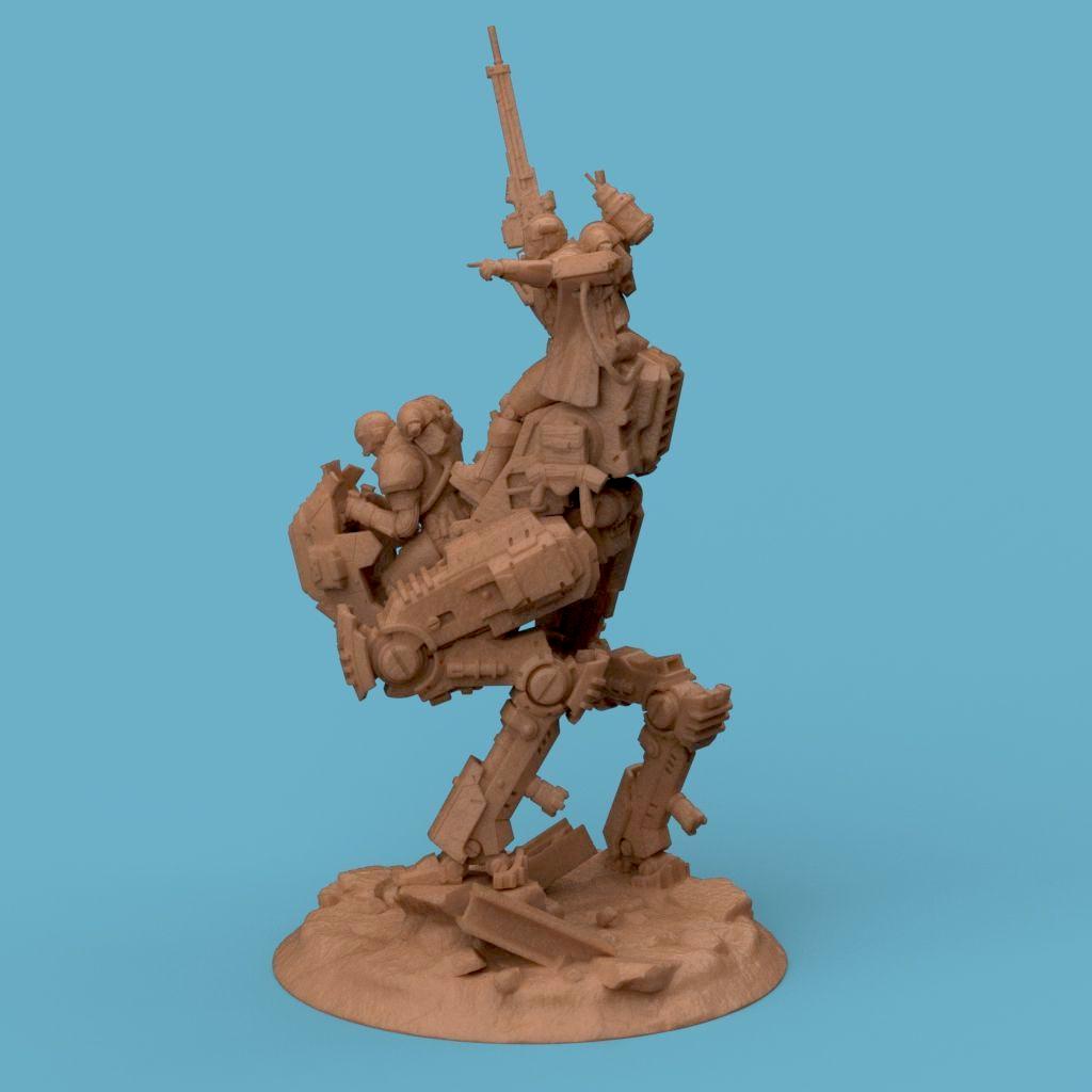 3D-printed model of the Vendetta Deathmark, featuring a futuristic mech walker piloted by armored soldiers. The detailed design includes mechanical limbs, weapon mounts, and a rugged battlefield base, perfect for sci-fi collectors and tabletop gaming enthusiasts.