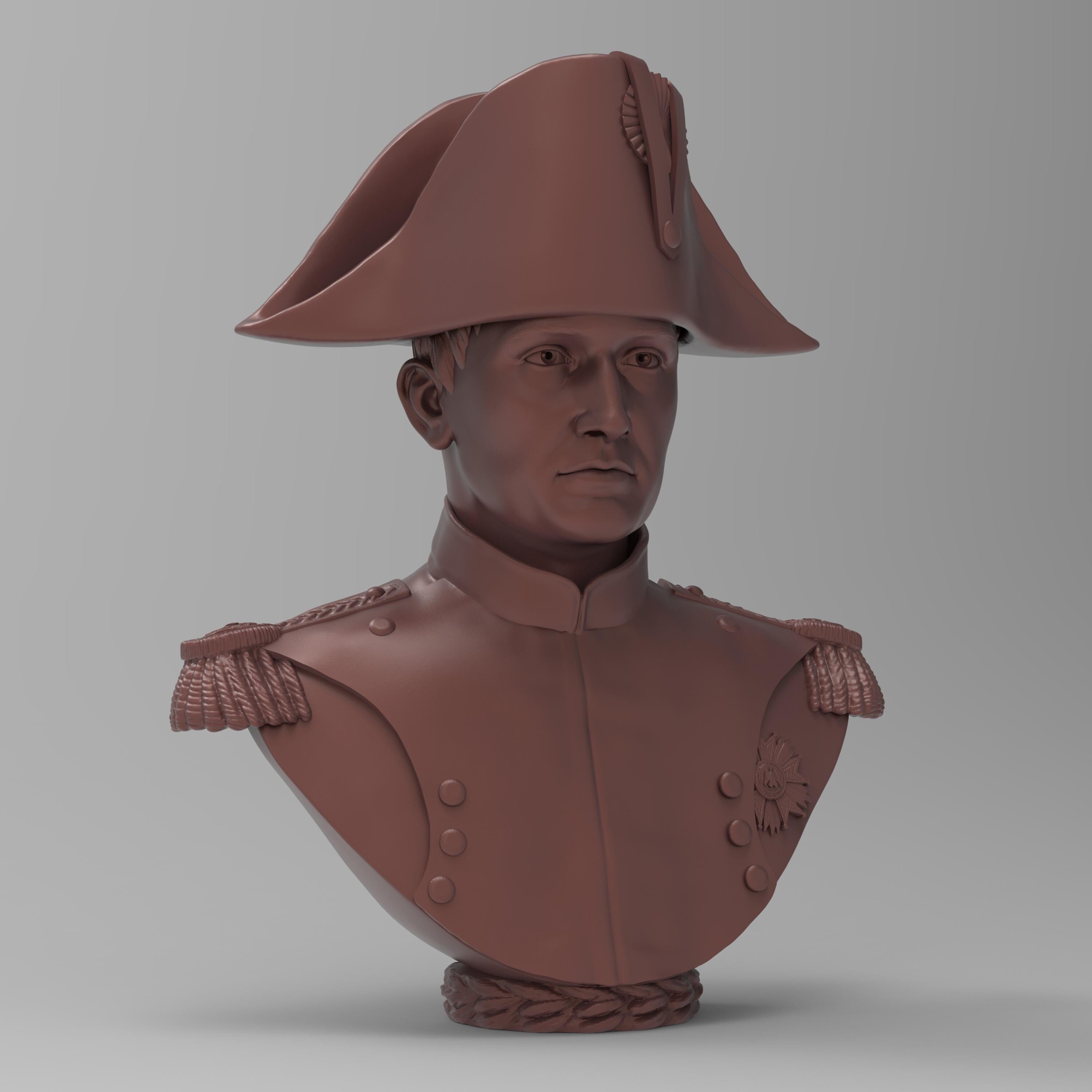 Bust of Napoleon Bonaparte wearing a bicorne hat and detailed military uniform, showcasing epaulets and a medal, set against a neutral background.