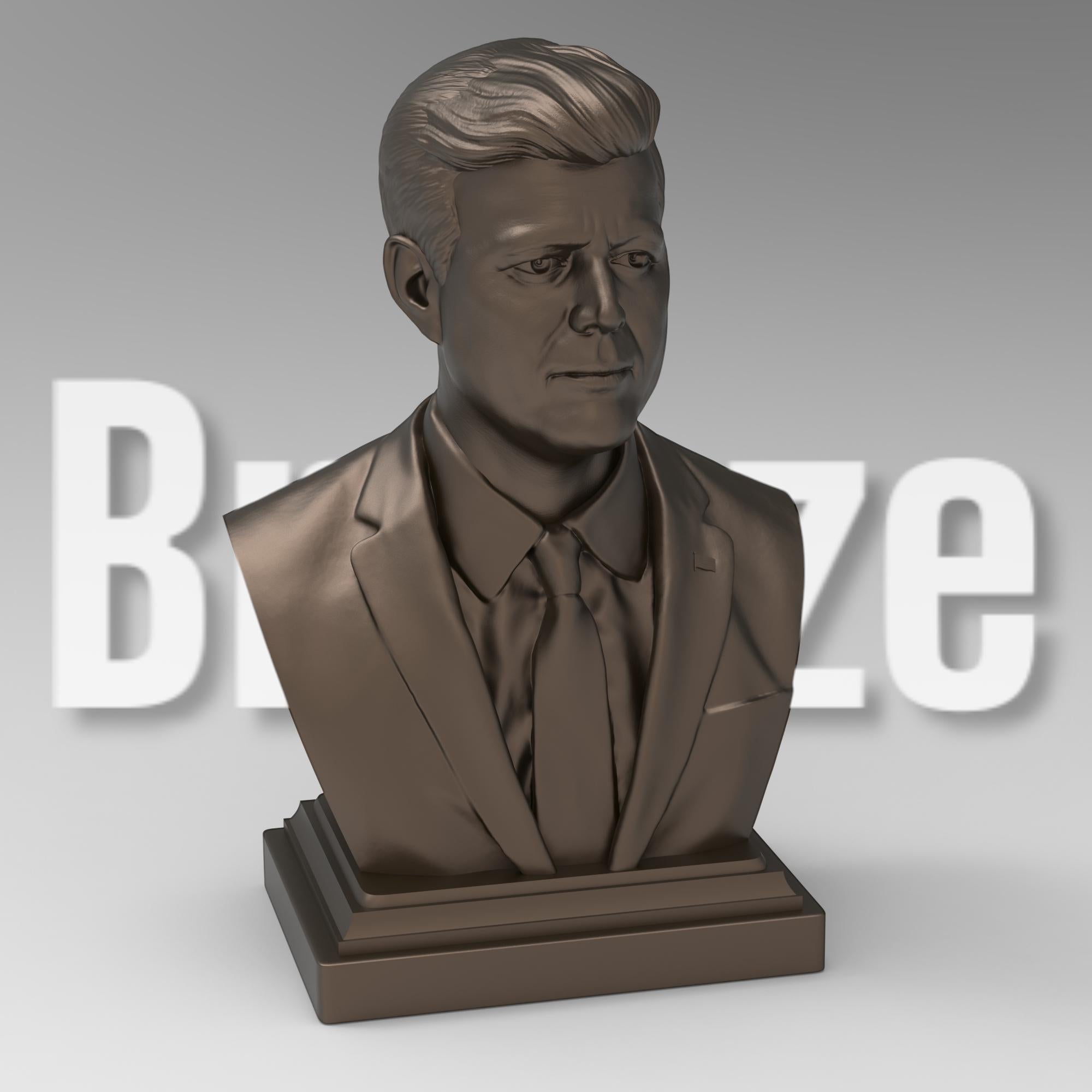 Detailed bust of John F. Kennedy, depicting the 35th U.S. president in a suit and tie with a serious, contemplative expression. The sculpture captures his distinctive hairstyle and strong features, mounted on a classic pedestal base.