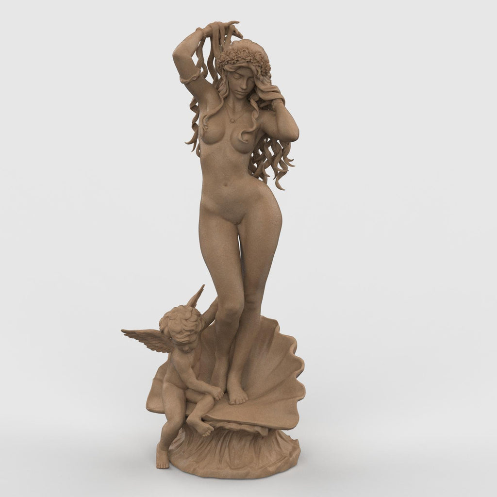 3D statue of Aphrodite, standing gracefully on a shell with flowing hair and floral wreath, accompanied by a cherub at her feet, set against a neutral background.