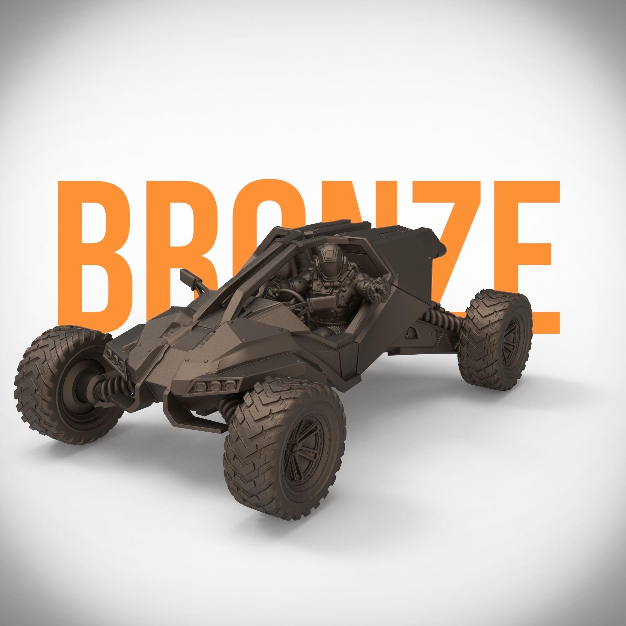 A rugged sci-fi off-road buggy sculpture with intricate detailing and an armed pilot behind the wheel. Trekker is a perfect collectible for vehicle lovers and tabletop gamers. Available in multiple finishes and sizes. A striking addition to any shelf!