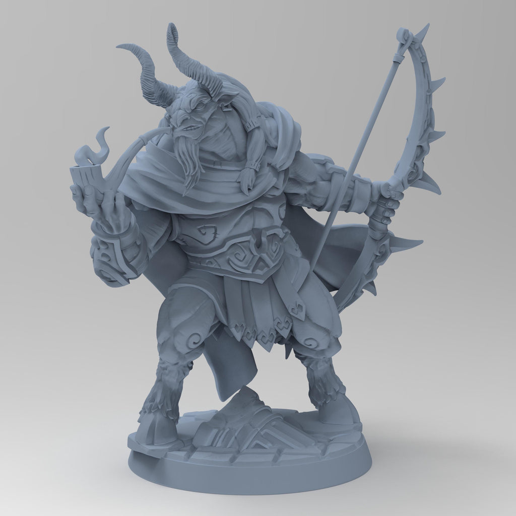 Arkos, the horned archer, strikes a pose with his ornate bow in one hand and a pipe in the other. Clad in ancient armor with a flowing cape, he stands over a broken helm, exuding calm dominance and mythic strength. A perfect fantasy tabletop hero.