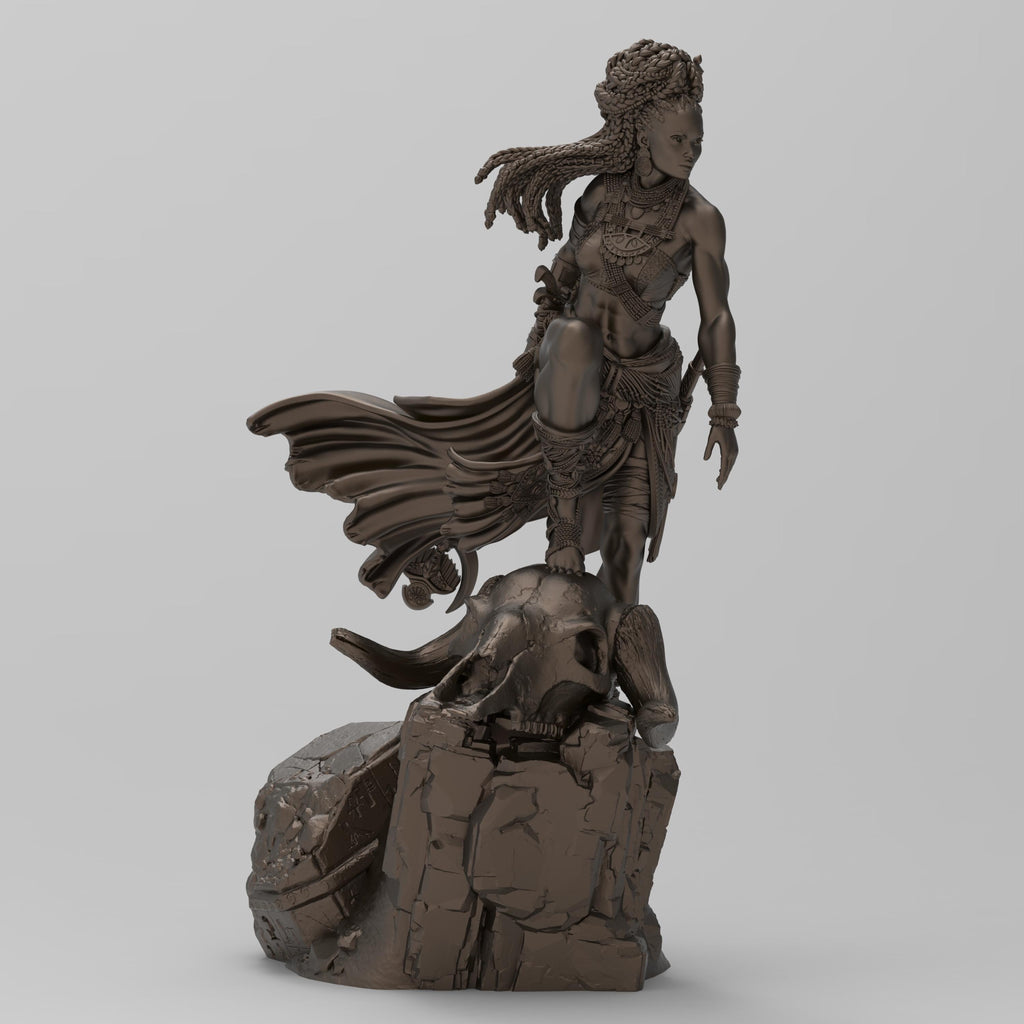 Elzebe, the Warrior Queen, stands atop a rocky skull, exuding strength and regality. Clad in intricate armor, her braided hair flows as she surveys the battlefield. A fierce leader, she embodies resilience and power, a true queen of war and legend.