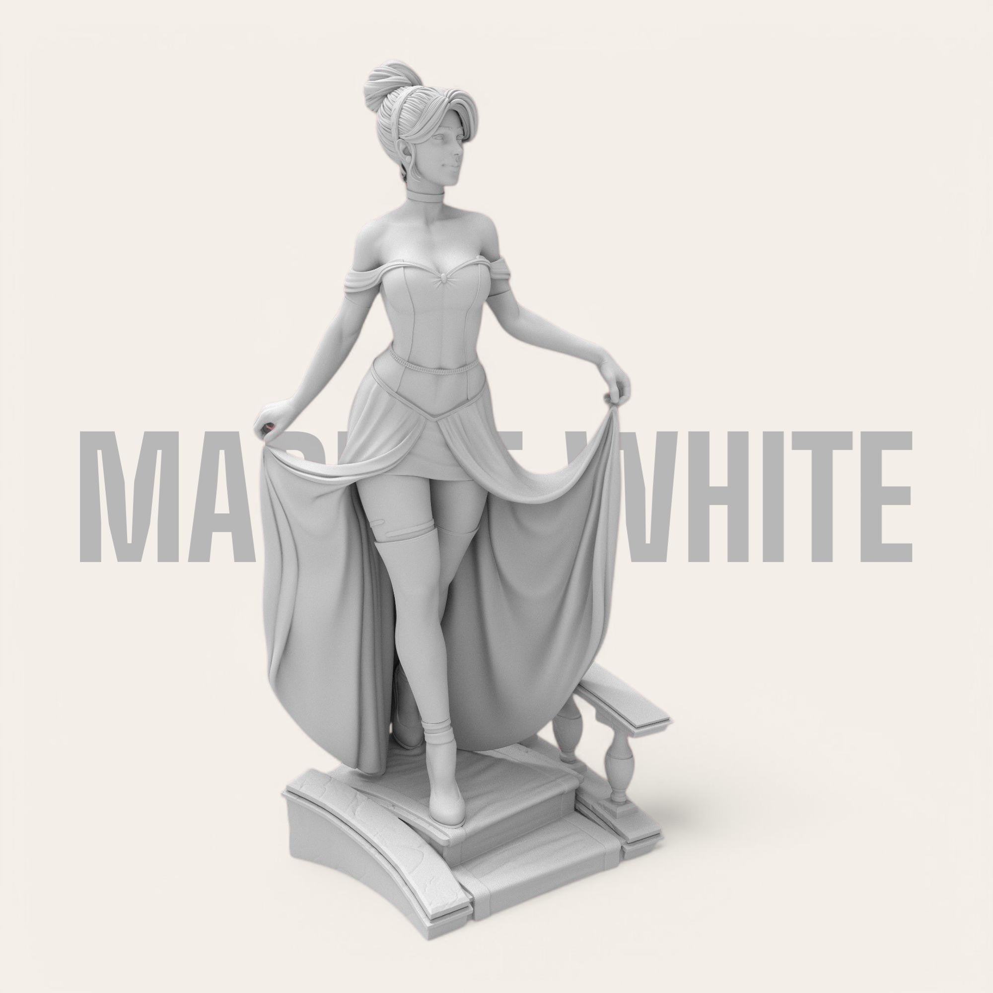 A bold reimagination of the classic princess, this stunning Elaria the Princess of Moonlight statuette blends elegance and seduction. With delicate details from her flowing dress to thigh-high stockings and glass slippers, she steps confidently down the royal stairs—one garter and lost shoe away from a fairytale twist.
