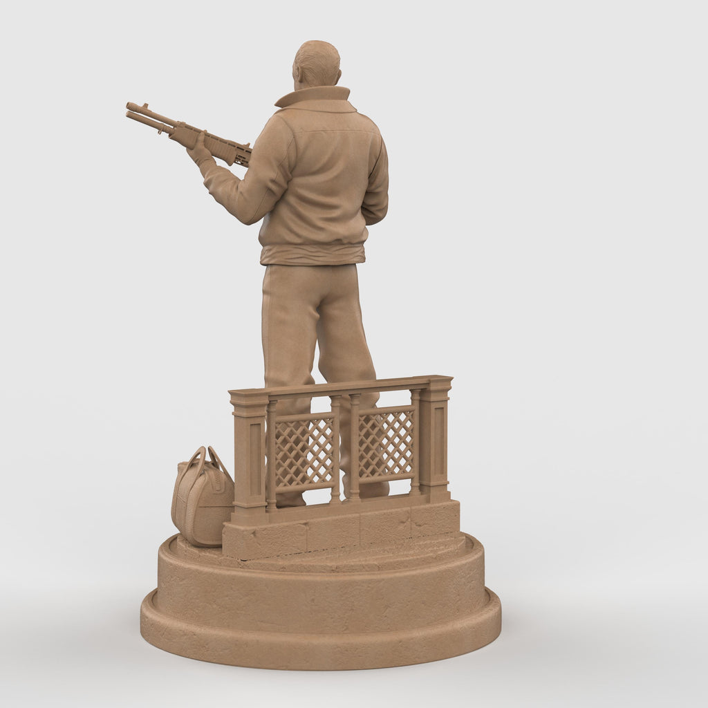 Highly detailed 3D-printed figurine of a rugged man holding a shotgun, standing confidently on a circular base marked with “Liberty City,” accompanied by a duffel bag and fence detail, perfect for collectors.