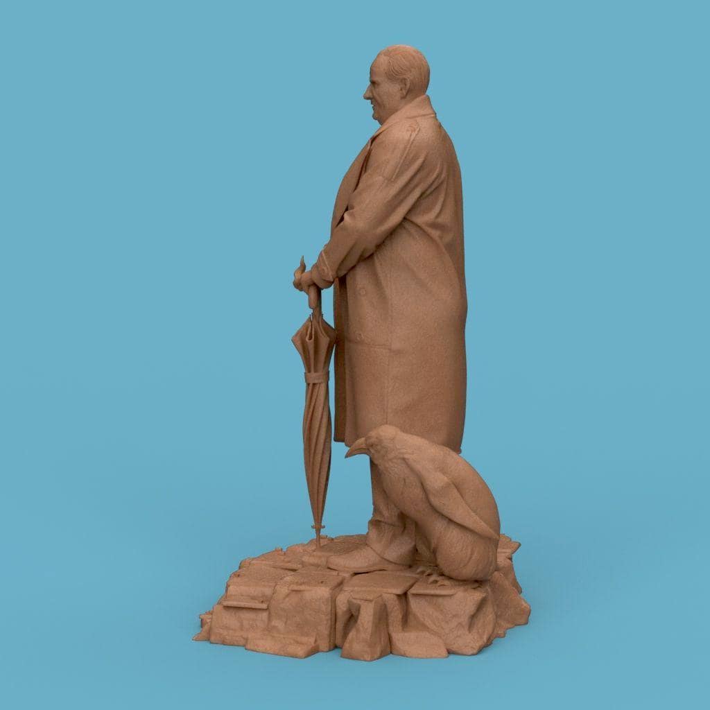 3D-printed figurine of The Penguin Man standing on a textured stone base, holding an umbrella and a gun, with two penguins by his side. The sculpture showcases detailed clothing folds and facial expression, making it ideal for collectors of cinematic or villain-inspired art pieces.