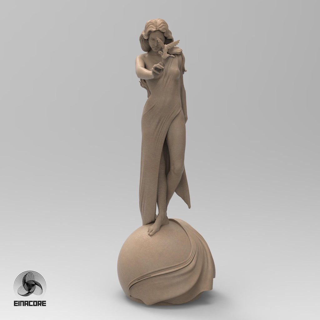 Statue of Eirene, the Goddess of Peace, featuring a serene woman with flowing hair, holding a dove. She stands gracefully on a spherical base, symbolizing harmony and balance.