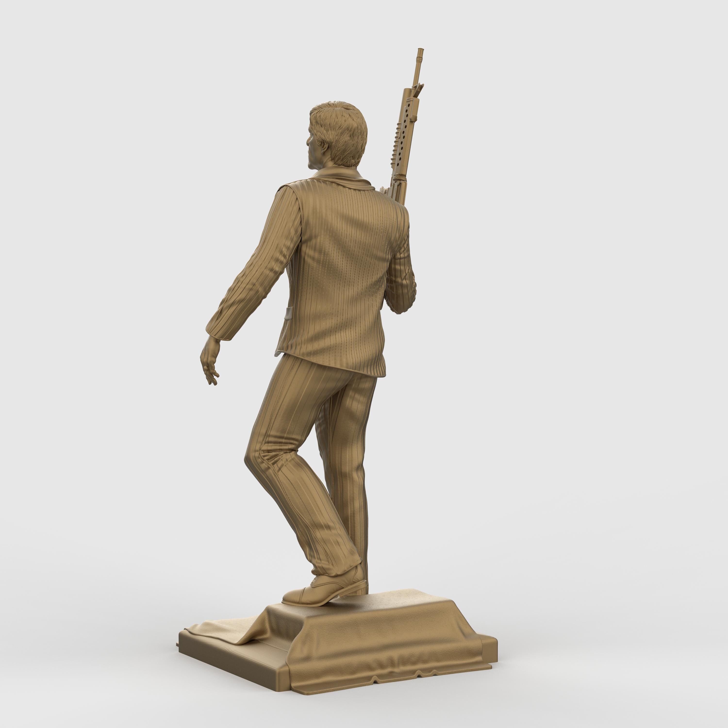 3D-printed statue inspired by Scarface, depicting a suited man in a confident pose, holding an assault rifle over his shoulder. The figure wears a detailed pinstripe suit and stands atop a textured base, capturing a bold and iconic cinematic moment with lifelike facial expression and dynamic stance.