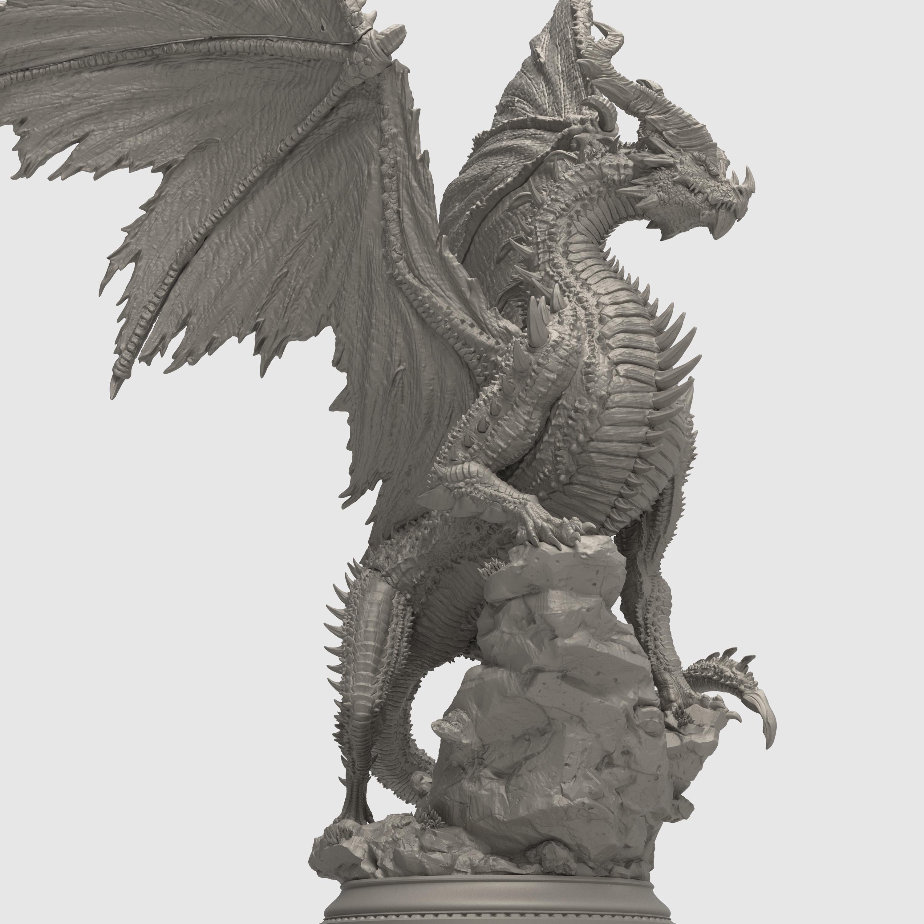 Highly detailed 3D-printed miniature of a Black Ancient Dragon perched atop jagged rocky terrain. The dragon features menacing horns, sharp spines along its body, and expansive, tattered wings spread wide in a dominant pose. Sculpted with fine textures, including intricate scales and a fierce, snarling expression.