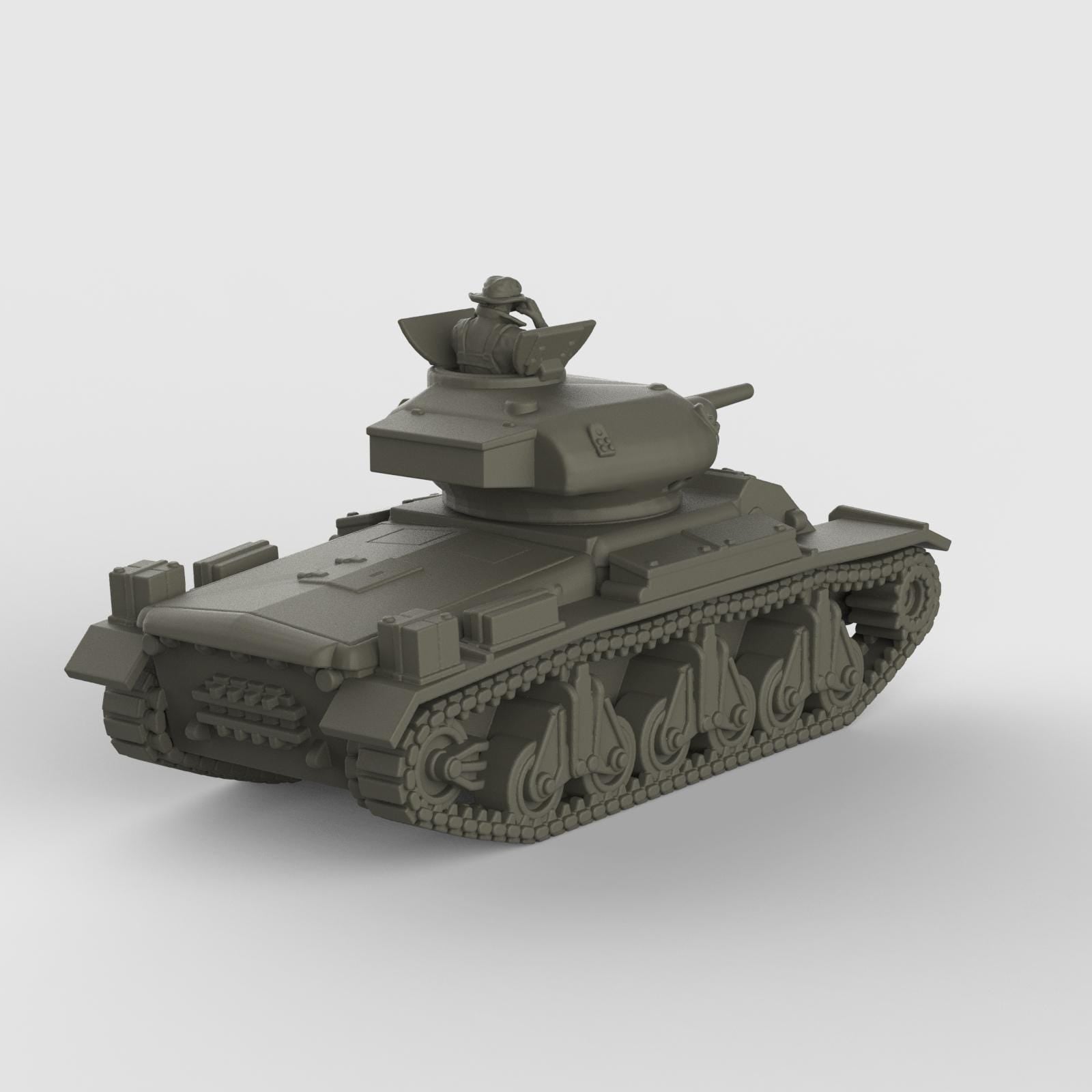 3D model of the Sentinel AC1 tank, featuring rounded turret with mounted gunner figure, smooth armored hull, and distinctive suspension with four large bogies per side, shown in metallic silver finish.