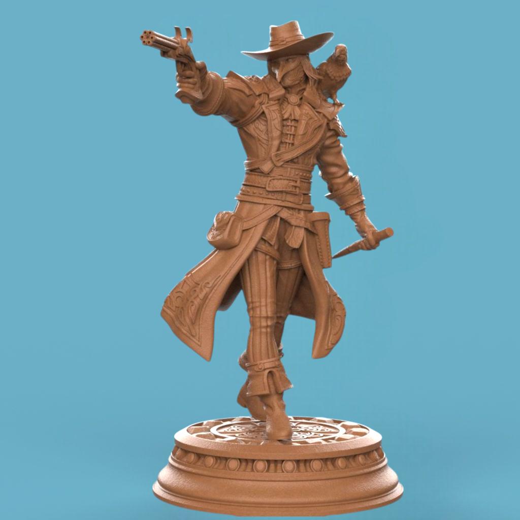 3D-printed miniature of a Vampire Hunter Gunslinger posed in a dynamic stance. The figure wears a wide-brimmed hat and long flowing coat detailed with ornate patterns. One arm extends forward aiming a revolver, while the other holds a weapon at the side. The base is circular with intricate carvings, enhancing the gothic and adventurous style of the character.