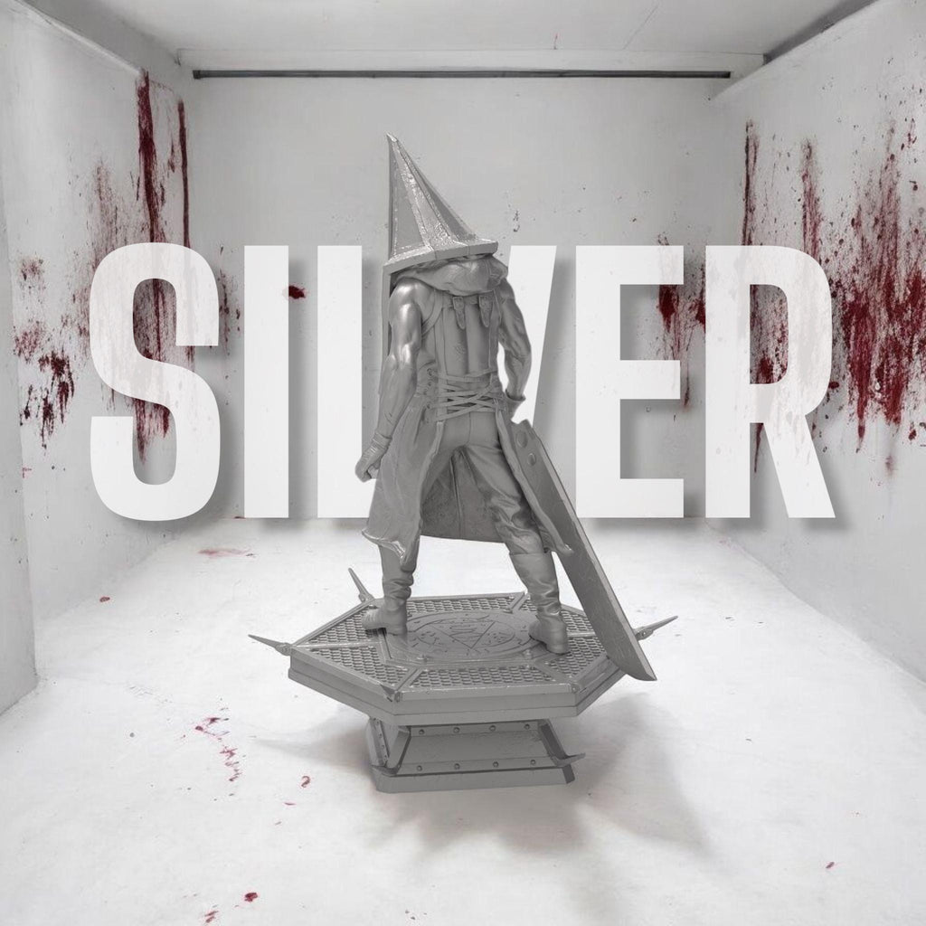 A menacing figure stands on a spiked platform, clad in a long, tattered robe with a massive pyramid-shaped helmet. He grips a large, rusted blade, exuding an aura of terror. Shadows stretch behind him, amplifying his ominous presence.