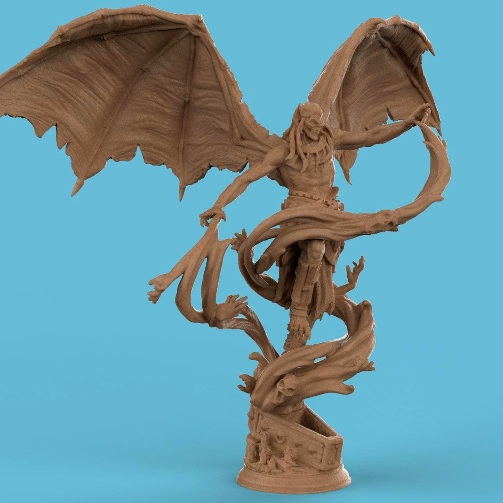 3D-printed statue of Elder Vampire Theldranax, a demonic figure with massive wings, sharp horns, and a muscular form. Twisting spectral hands and tendrils rise from the base, entwining the vampire as he looms with an ominous, commanding presence.