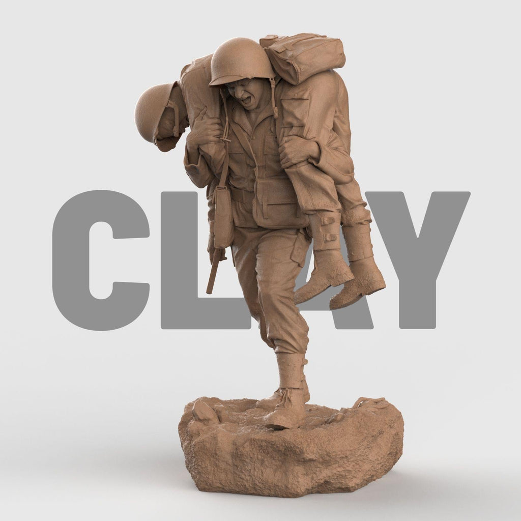 Detailed 3D-printed statue of a WWII soldier carrying a wounded comrade on his back, symbolizing courage, sacrifice, and brotherhood in battle. The figure is set on a rocky base, capturing raw emotion and heroic realism.