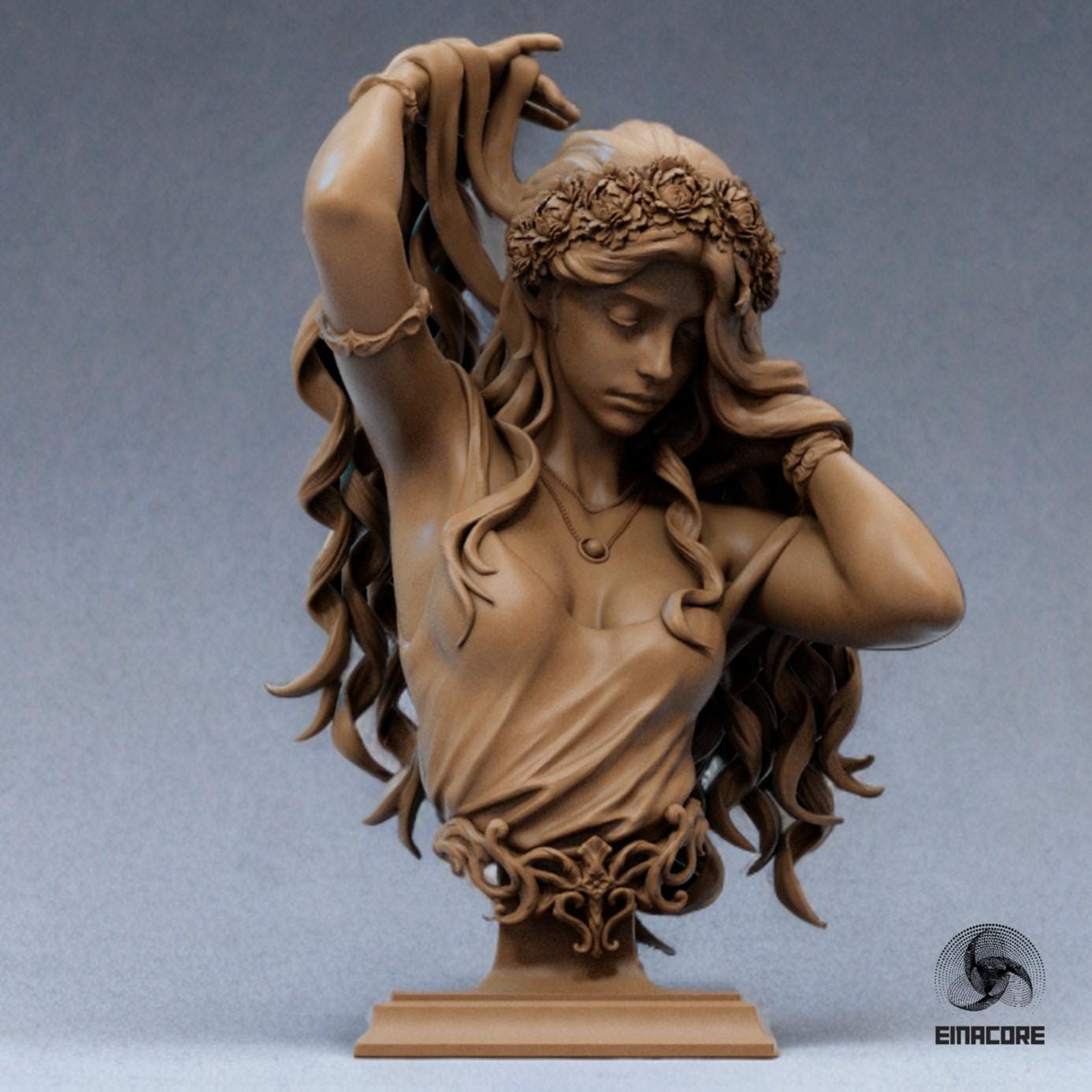 Antique wood-colored Aphrodite Bust Statuette featuring intricate details, flowing hair, floral crown, and delicate jewelry, capturing a serene and graceful pose on an ornate pedestal.