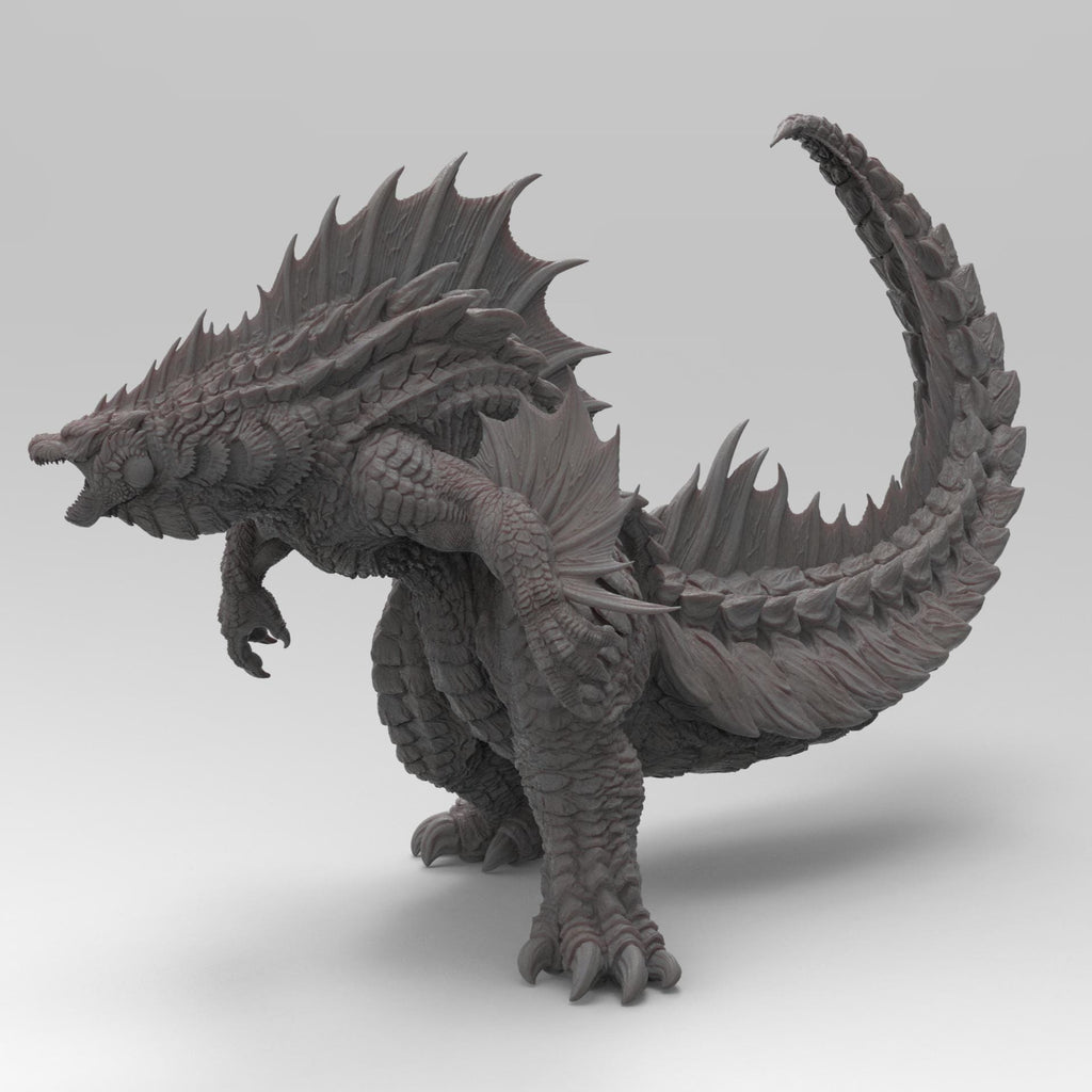 Highly detailed statue of Godzilla Reborn in a dynamic pose, showcasing sharp spines, textured scales, and an aggressive stance, rendered in a gray stone-like finish.