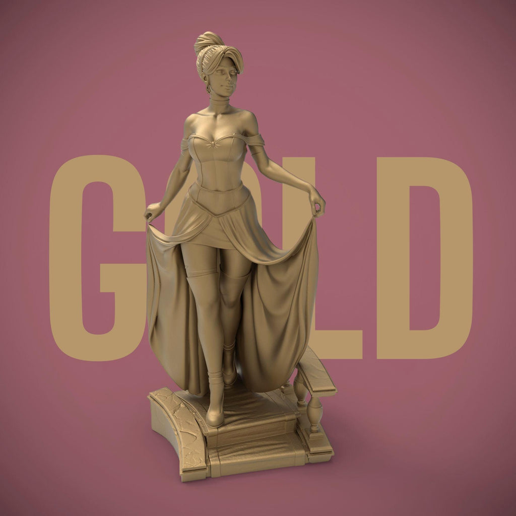 A bold reimagination of the classic princess, this stunning Elaria the Princess of Moonlight statuette blends elegance and seduction. With delicate details from her flowing dress to thigh-high stockings and glass slippers, she steps confidently down the royal stairs—one garter and lost shoe away from a fairytale twist.