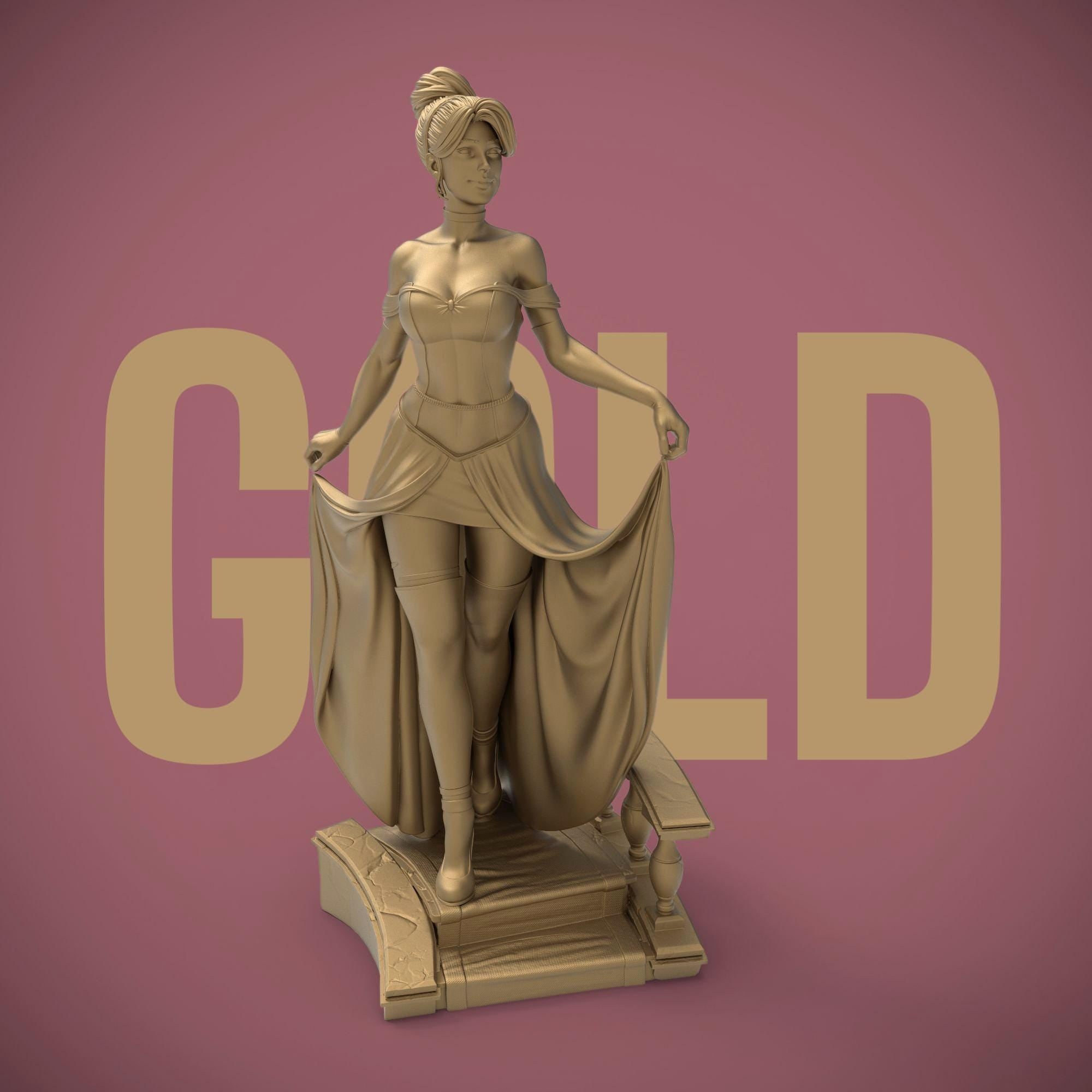 A bold reimagination of the classic princess, this stunning Elaria the Princess of Moonlight statuette blends elegance and seduction. With delicate details from her flowing dress to thigh-high stockings and glass slippers, she steps confidently down the royal stairs—one garter and lost shoe away from a fairytale twist.