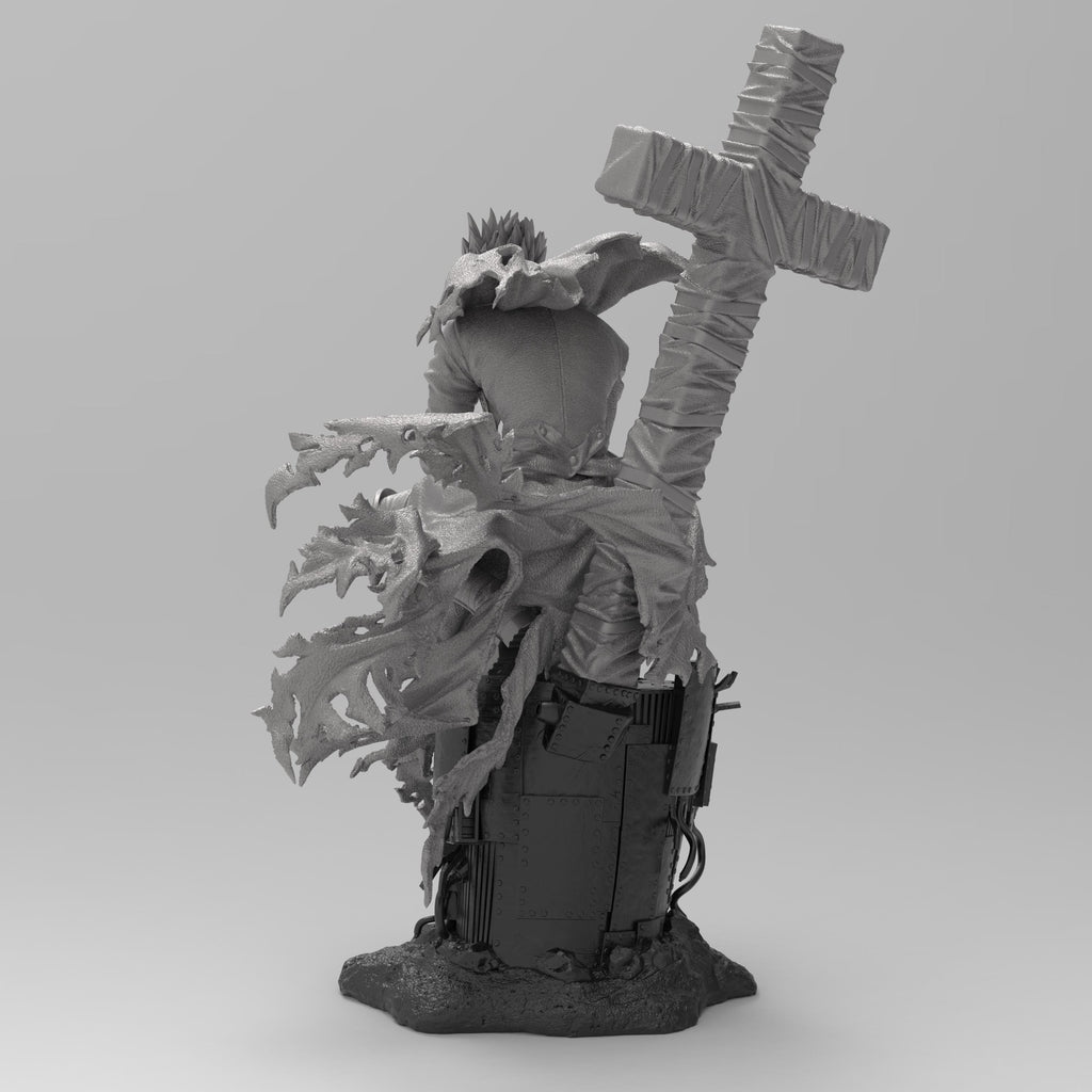 Vash the Stampede figure, posed on a weathered base with tattered red coat flowing. Holds dual revolvers, massive wrapped cross weapon on back. Inspired by Trigun, capturing his dynamic movement and signature look.