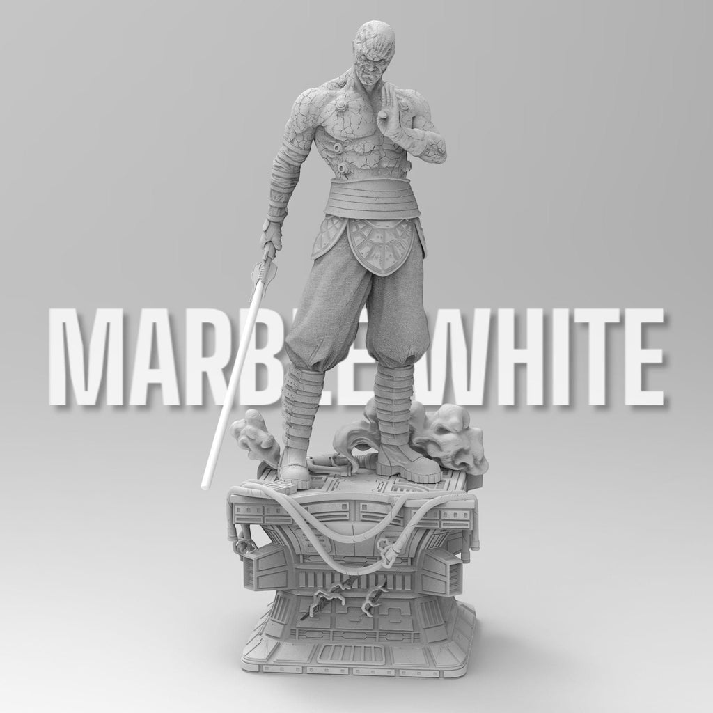 Darth Sion statue, showcasing the Sith Lord’s cracked stone-like body. He stands on a futuristic base, gripping a lightsaber, exuding menace. His battle-worn armor and intense gaze reflect his mastery of the dark side, embodying pain and hatred.